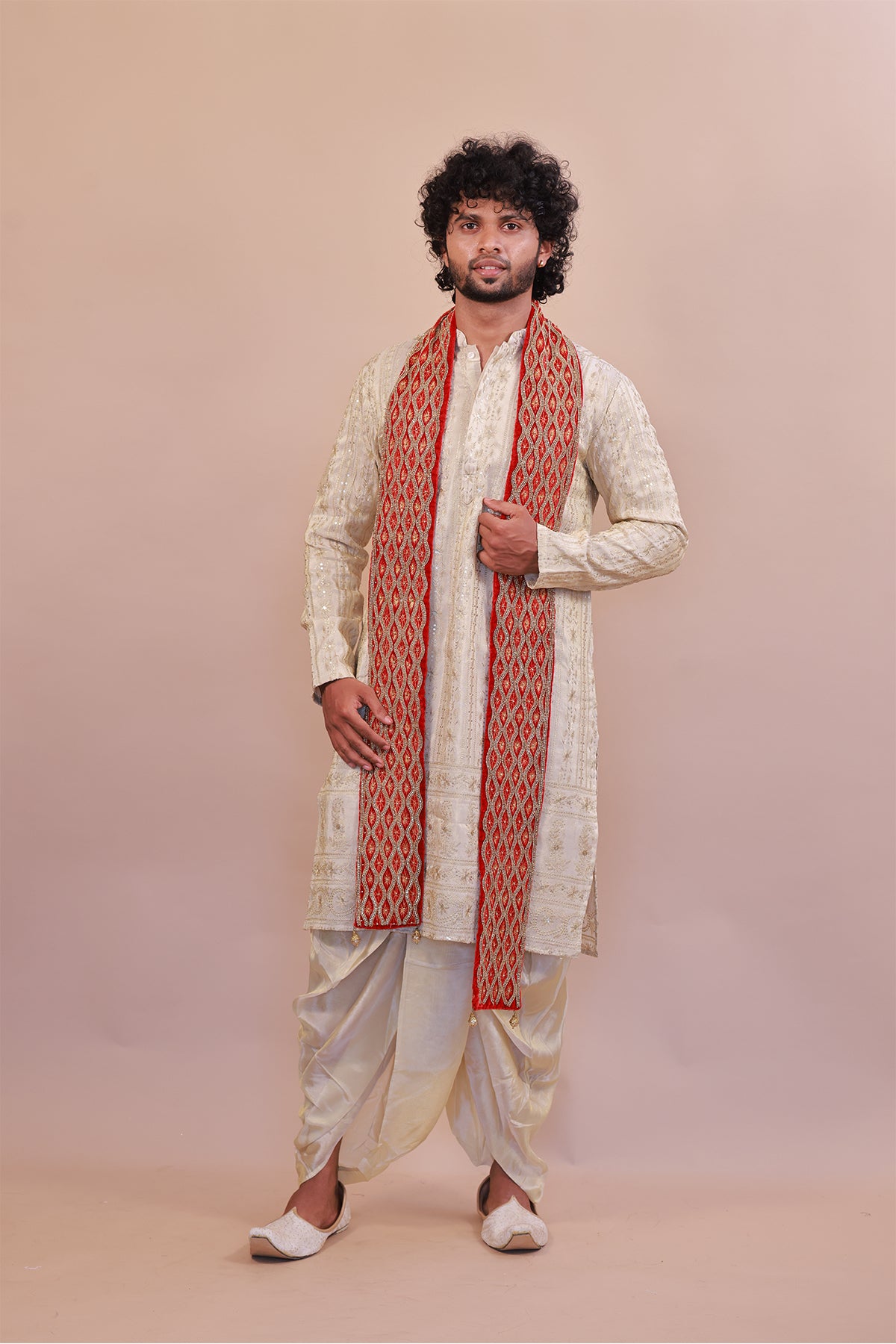 Exquisite Red Velvet Embroidered Shawl with Stones & Gold Beads
