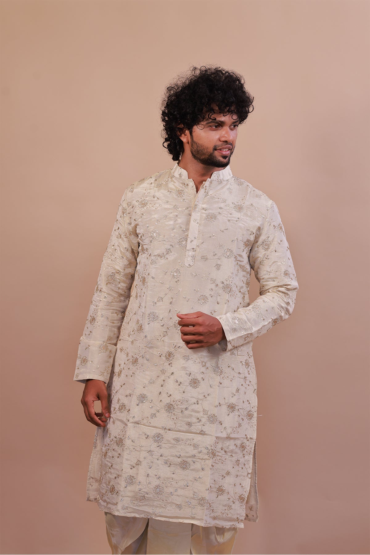 Men’s Designer Silk Cream Kurta with Plain Kaccha & Shwal