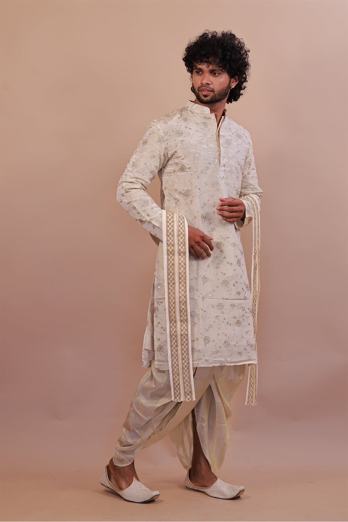 Men’s Designer Silk Cream Kurta with Plain Kaccha & Shwal