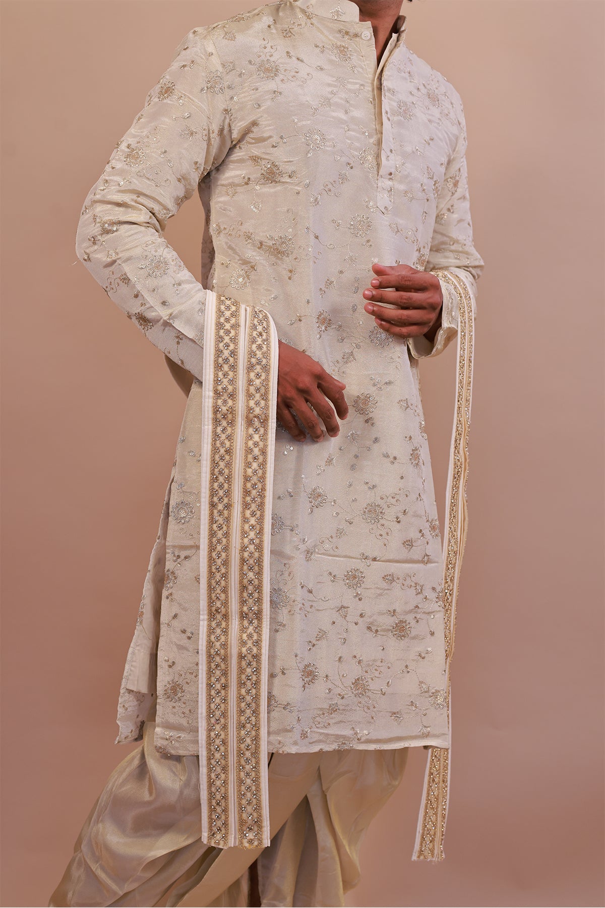 Men’s Designer Silk Cream Kurta with Plain Kaccha & Shwal