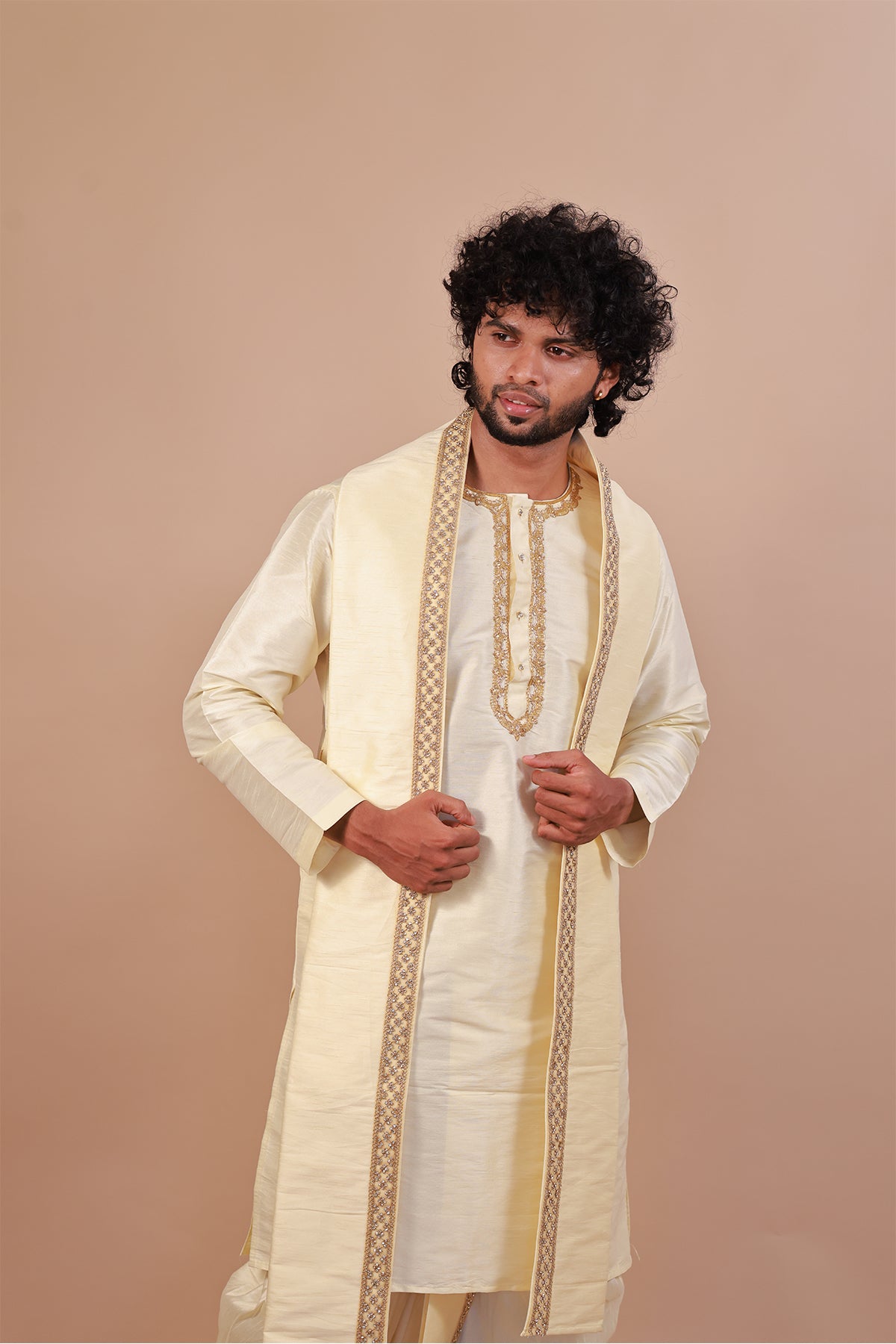 Cream Kurta Set for Men with Lace Dupatta and Kaccha Pant