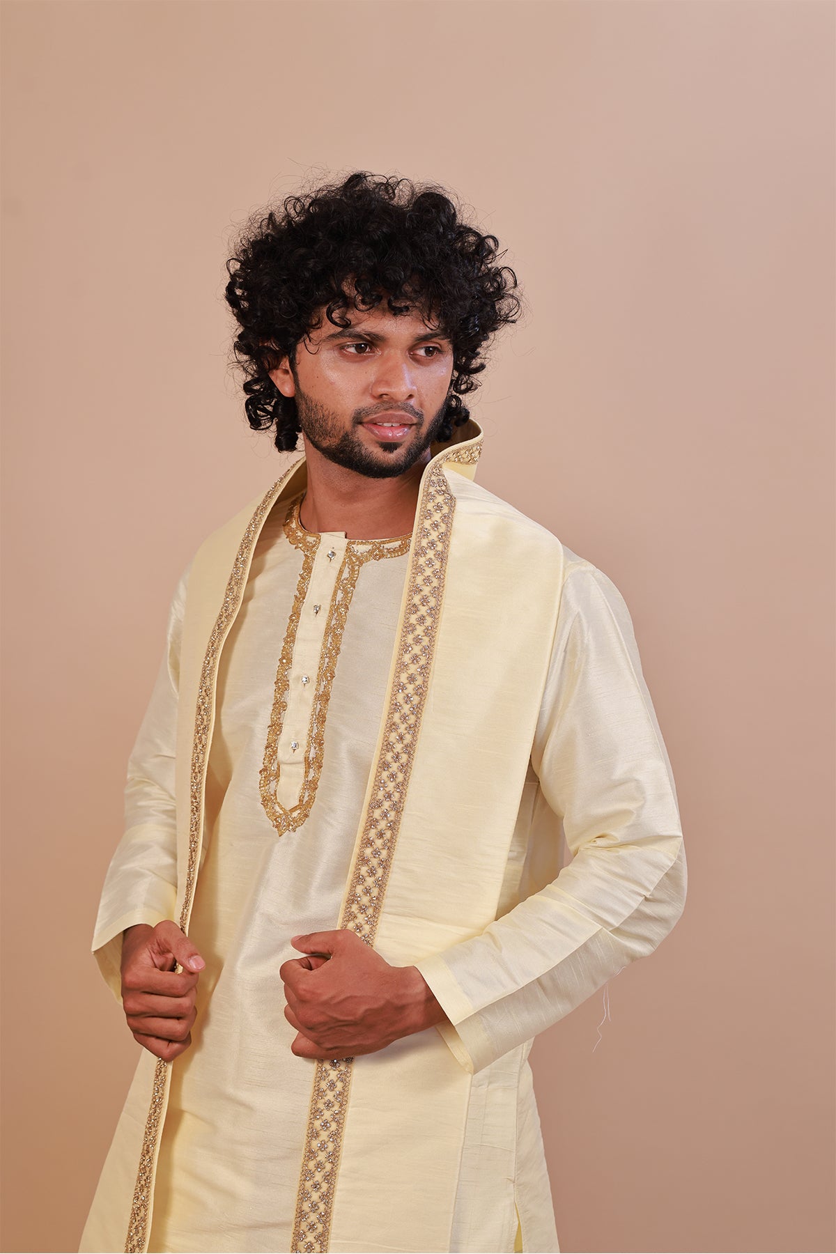 Cream Kurta Set for Men with Lace Dupatta and Kaccha Pant