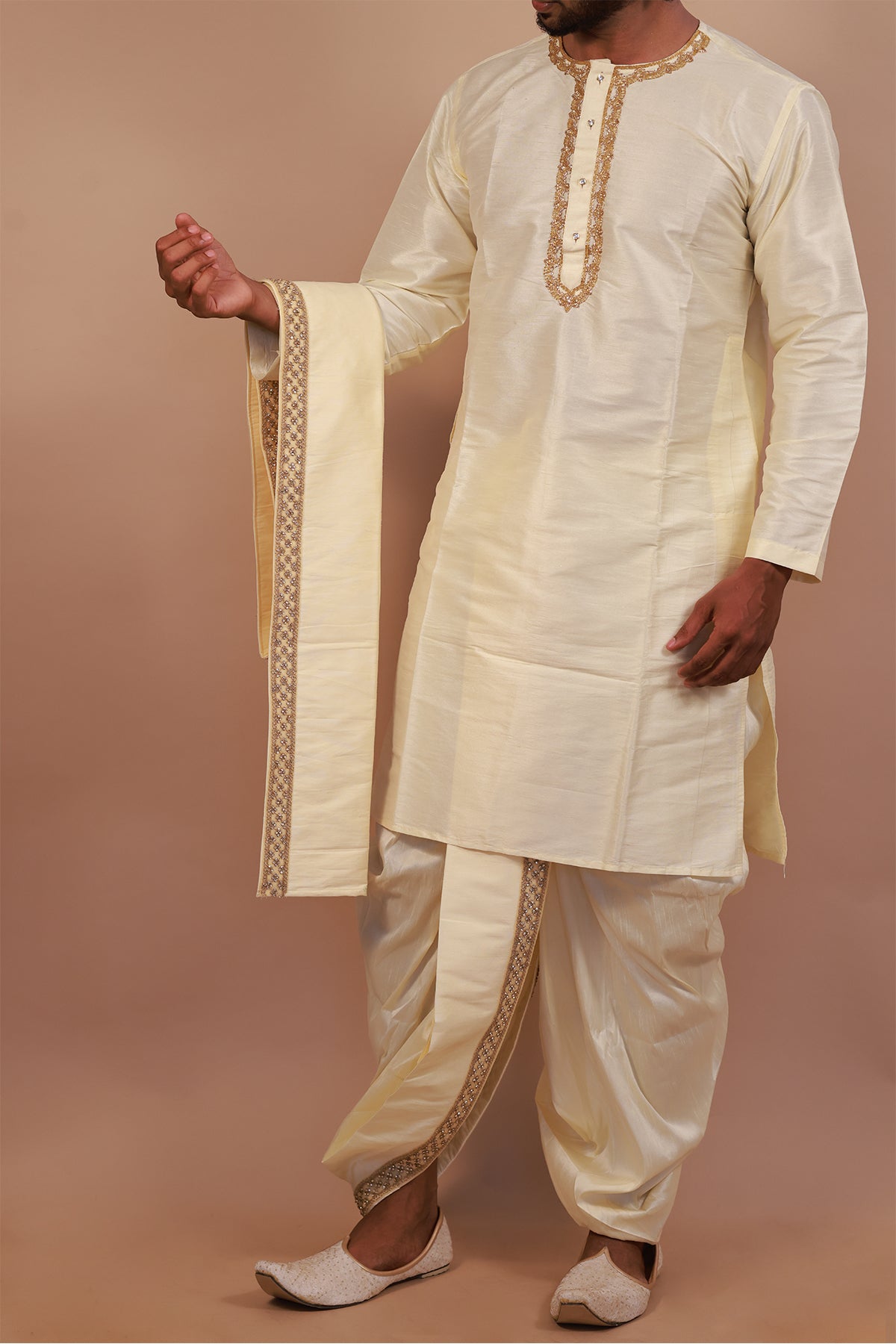 Cream Kurta Set for Men with Lace Dupatta and Kaccha Pant