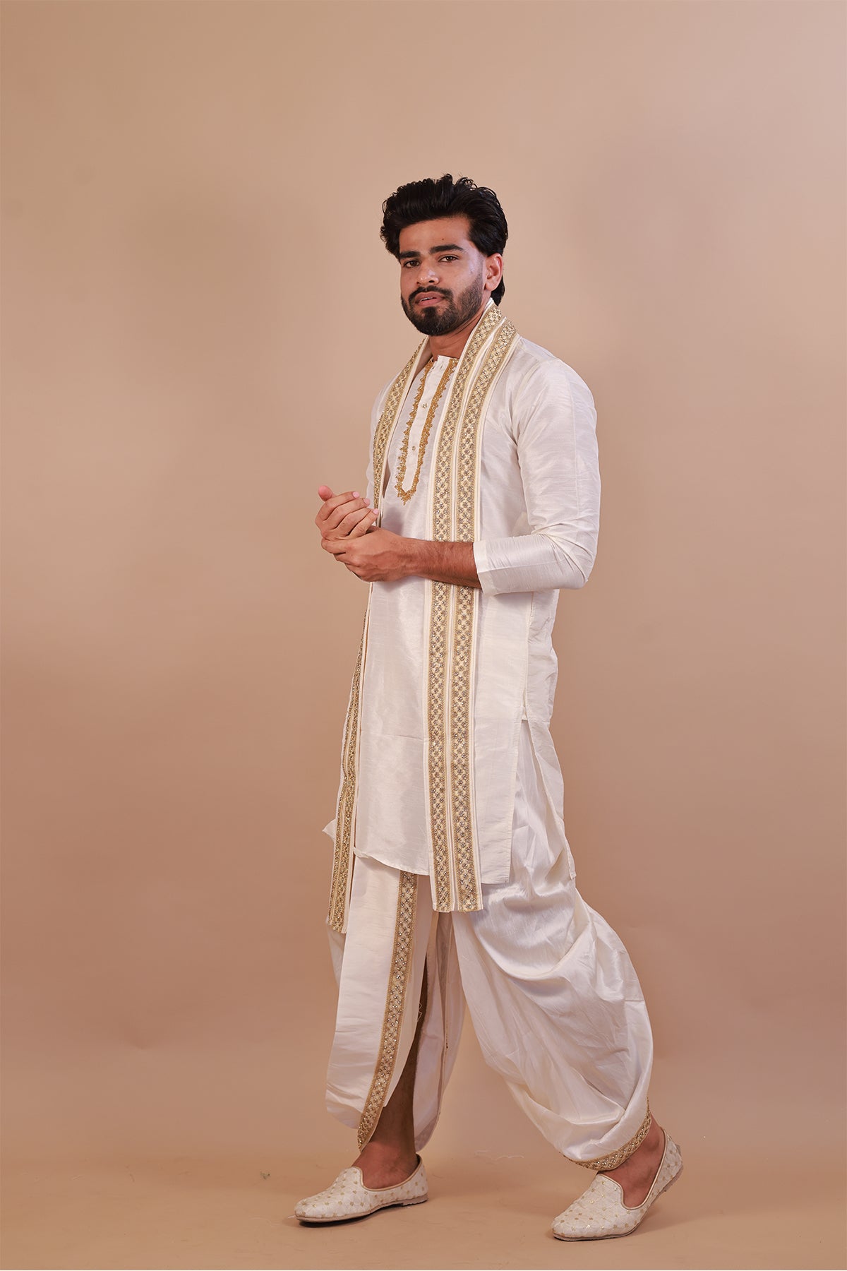 White Kurta Set for Men with Lace Dupatta and Kaccha Pant