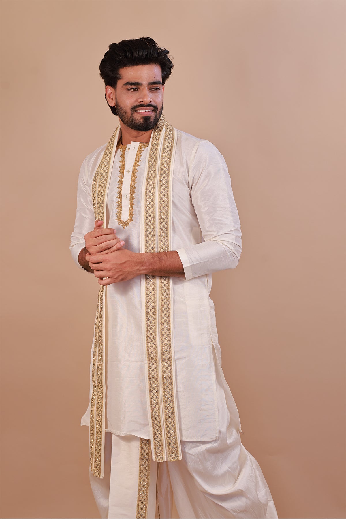 White Kurta Set for Men with Lace Dupatta and Kaccha Pant