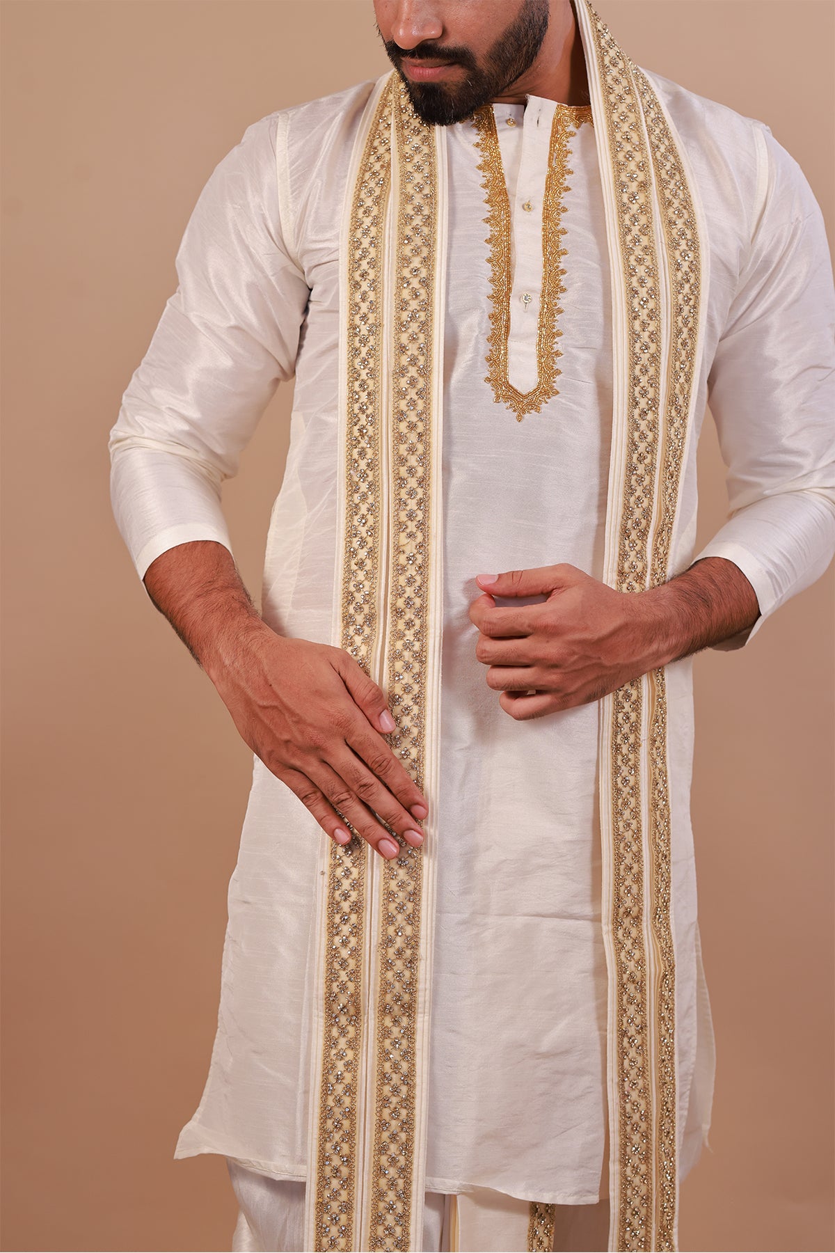 White Kurta Set for Men with Lace Dupatta and Kaccha Pant