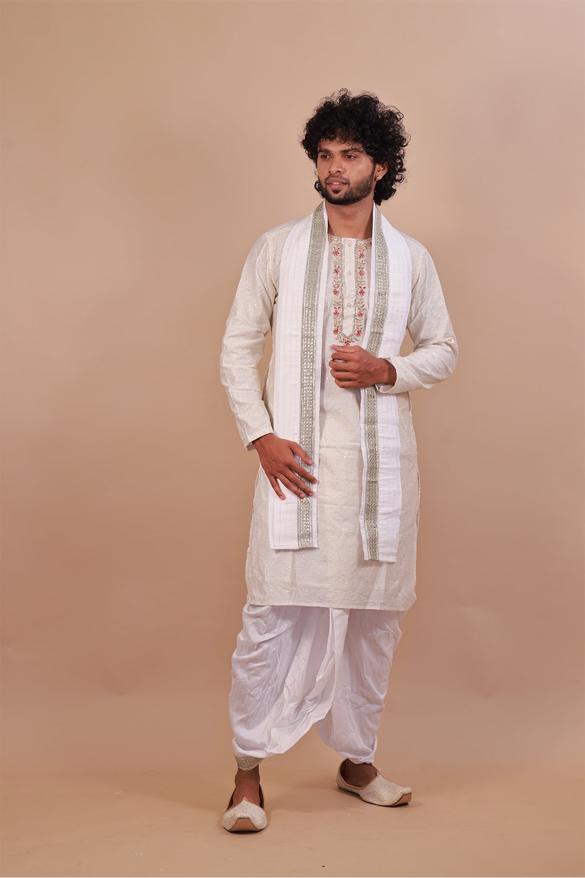 Red Embroidered White Kurta with Intricate Neck Design