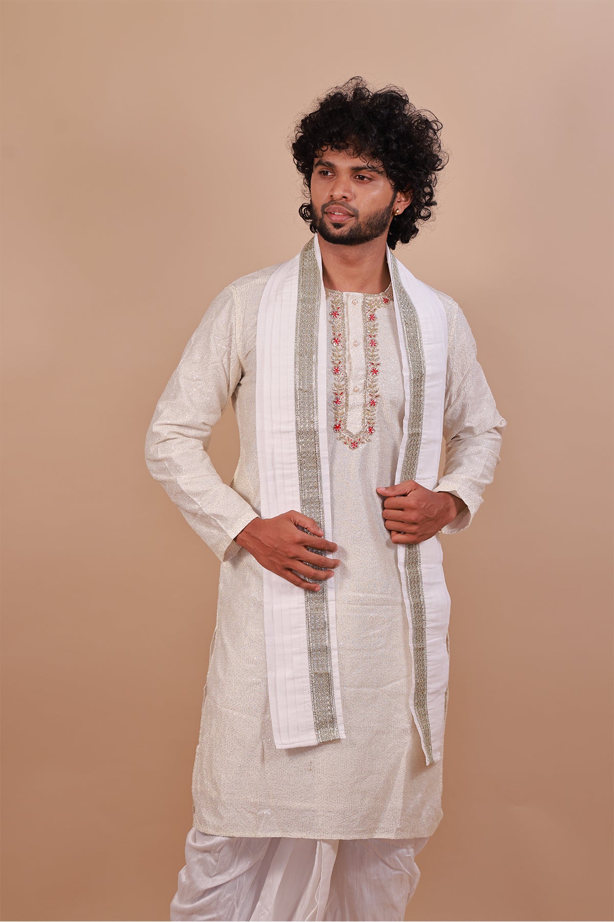 Red Embroidered White Kurta with Intricate Neck Design
