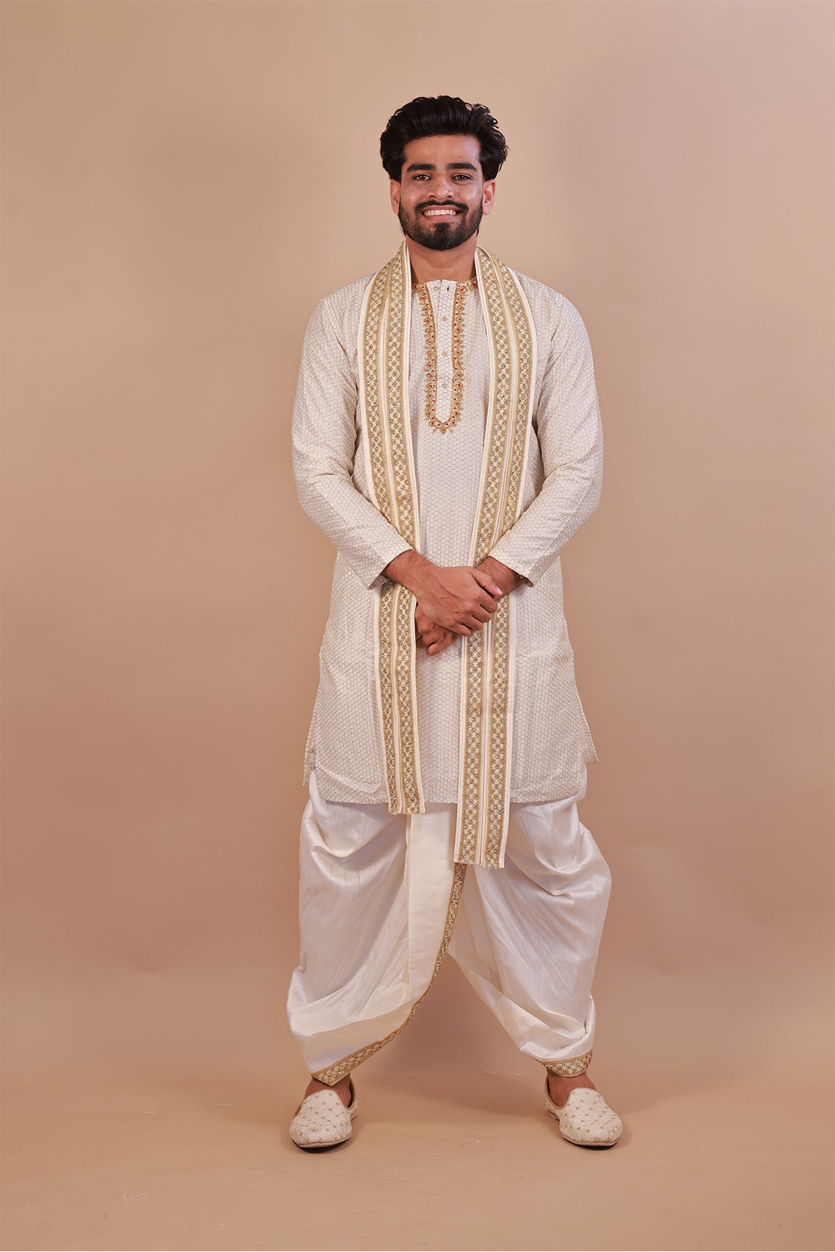 White Embroidered Kurta with Intricate Neck Design