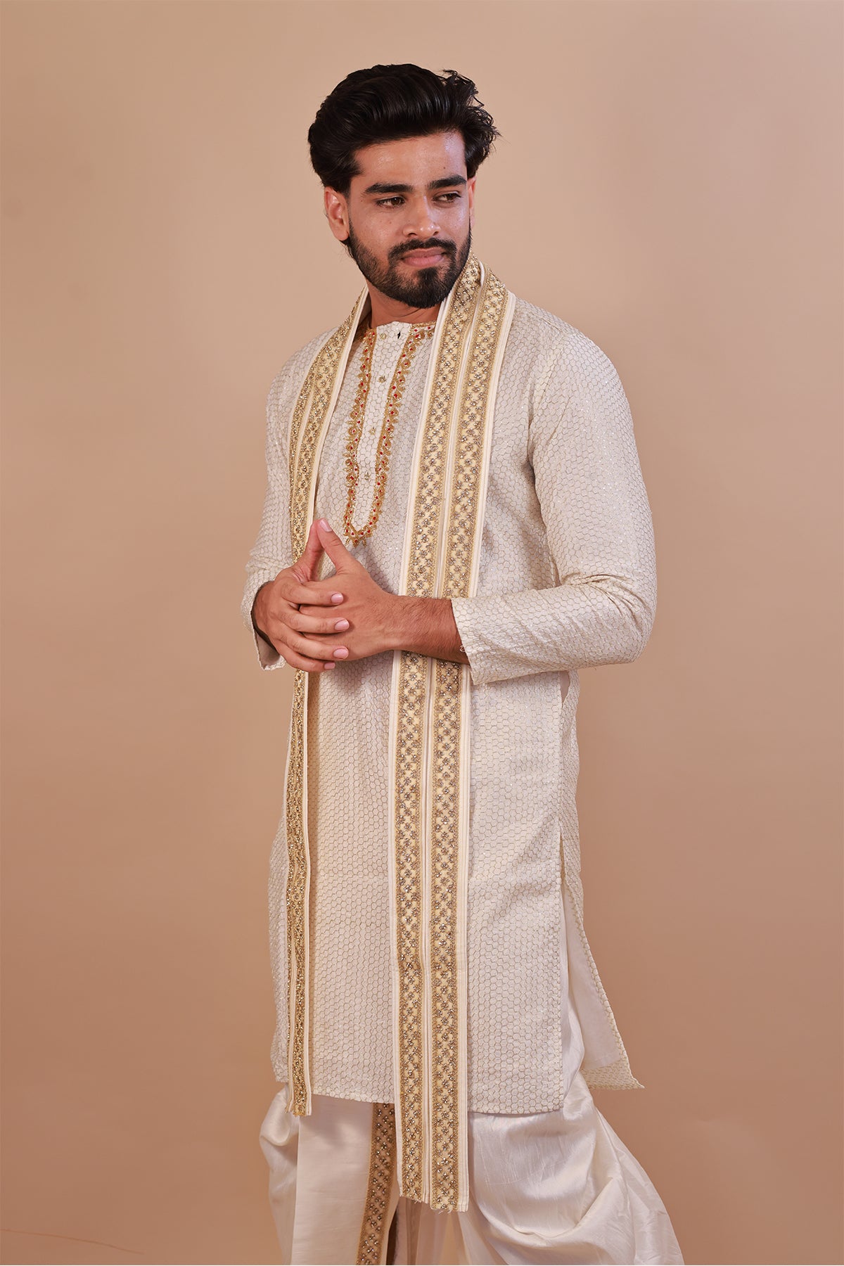 White Embroidered Kurta with Intricate Neck Design