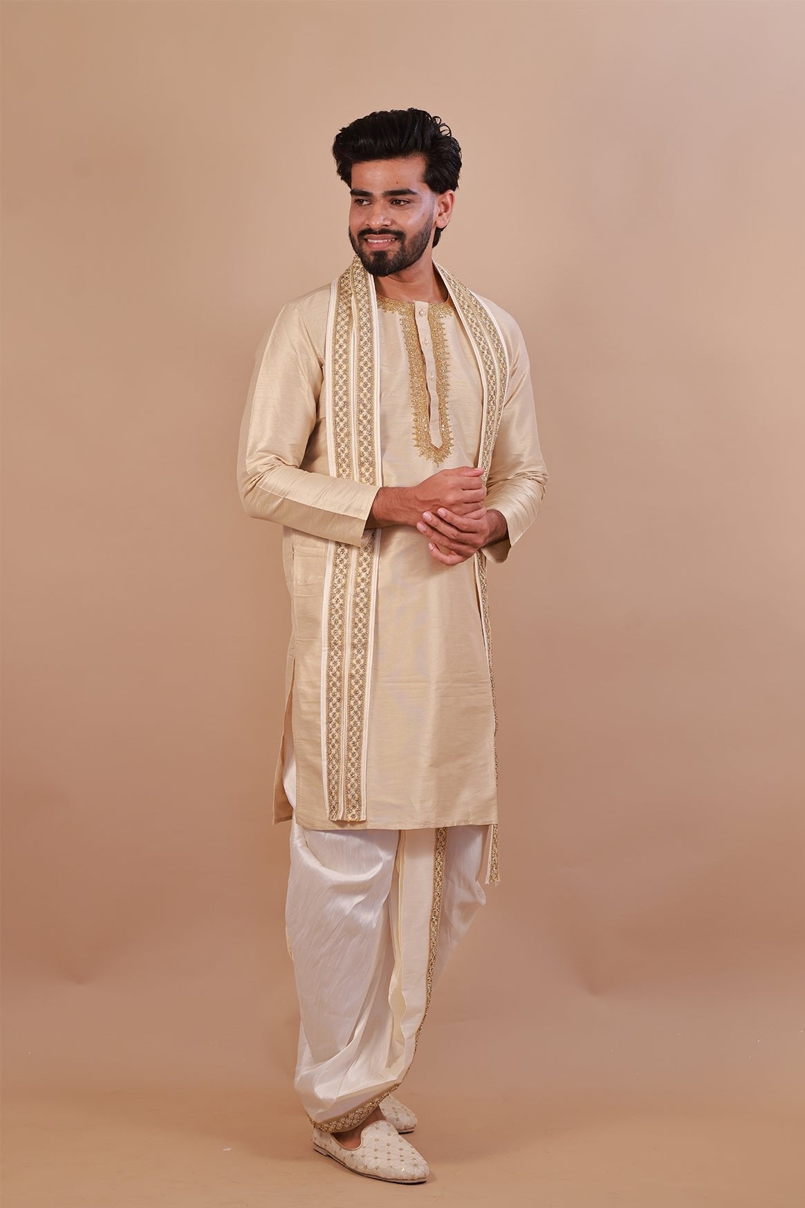 Light Brown Embroidered Kurta with Intricate Neckline Design