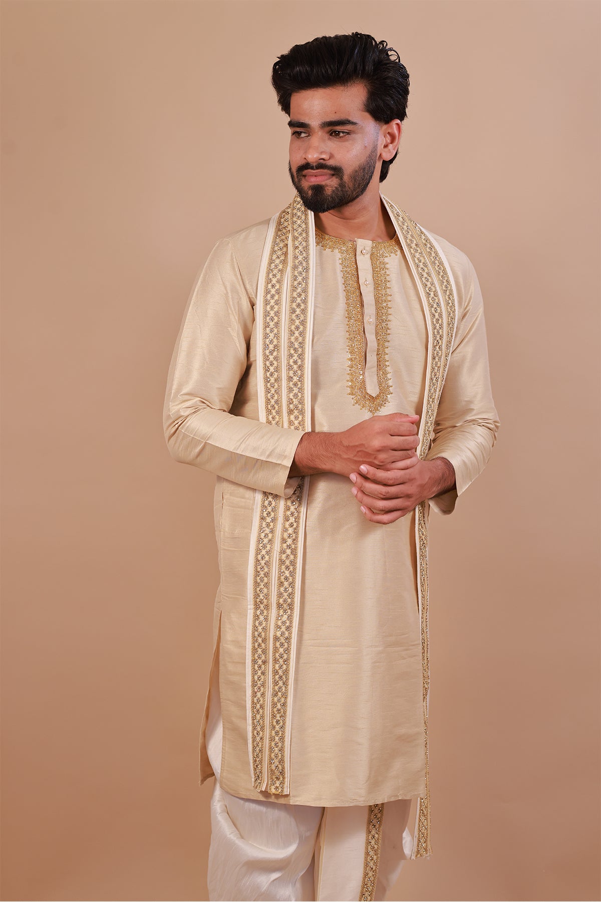 Light Brown Embroidered Kurta with Intricate Neckline Design
