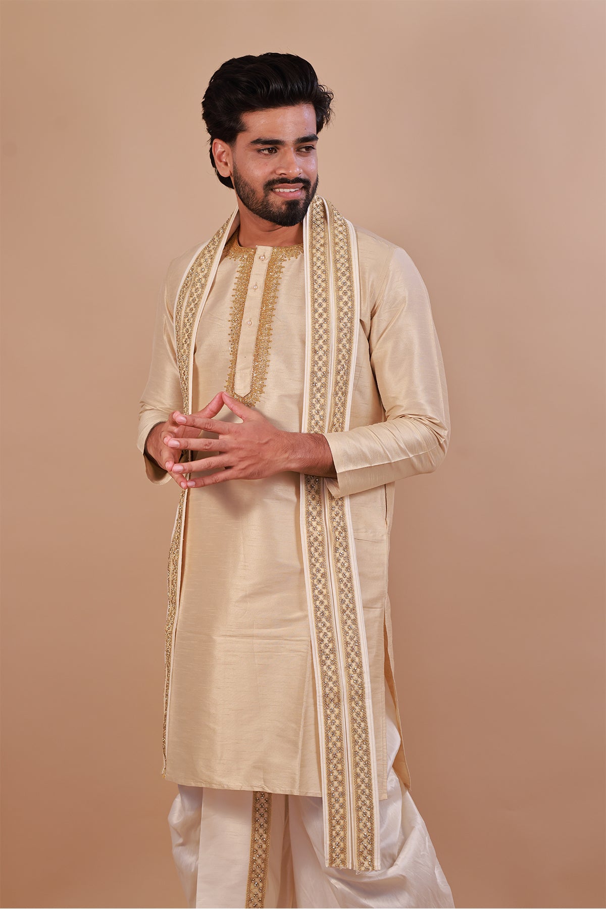 Light Brown Embroidered Kurta with Intricate Neckline Design