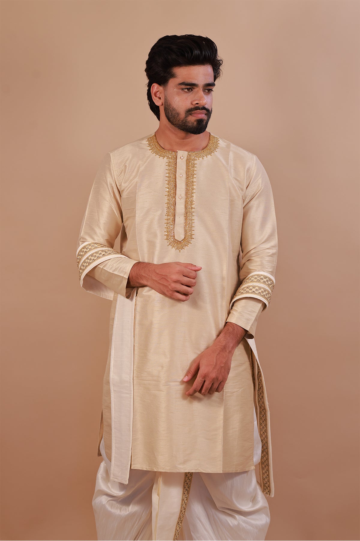 Light Brown Embroidered Kurta with Intricate Neckline Design