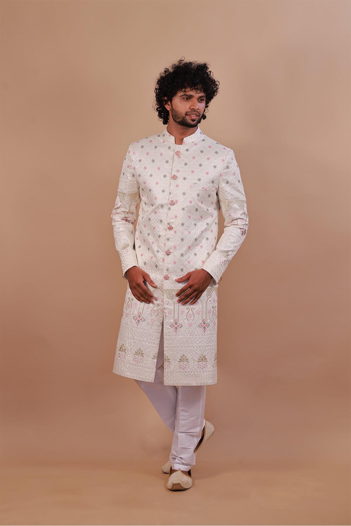 Traditional White Sherwani with Exquisite Thread Embroidery for Groom