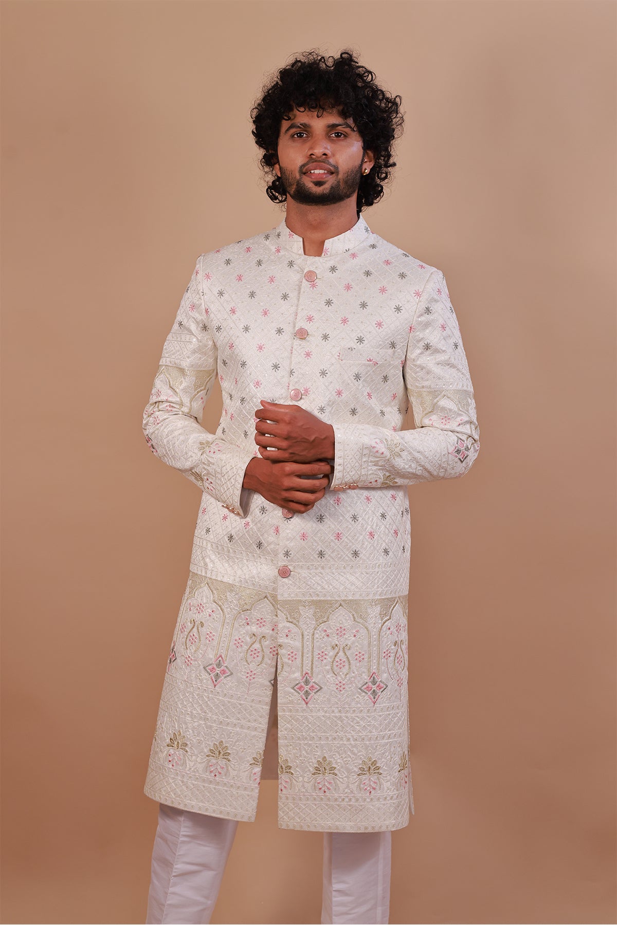 Traditional White Sherwani with Exquisite Thread Embroidery for Groom