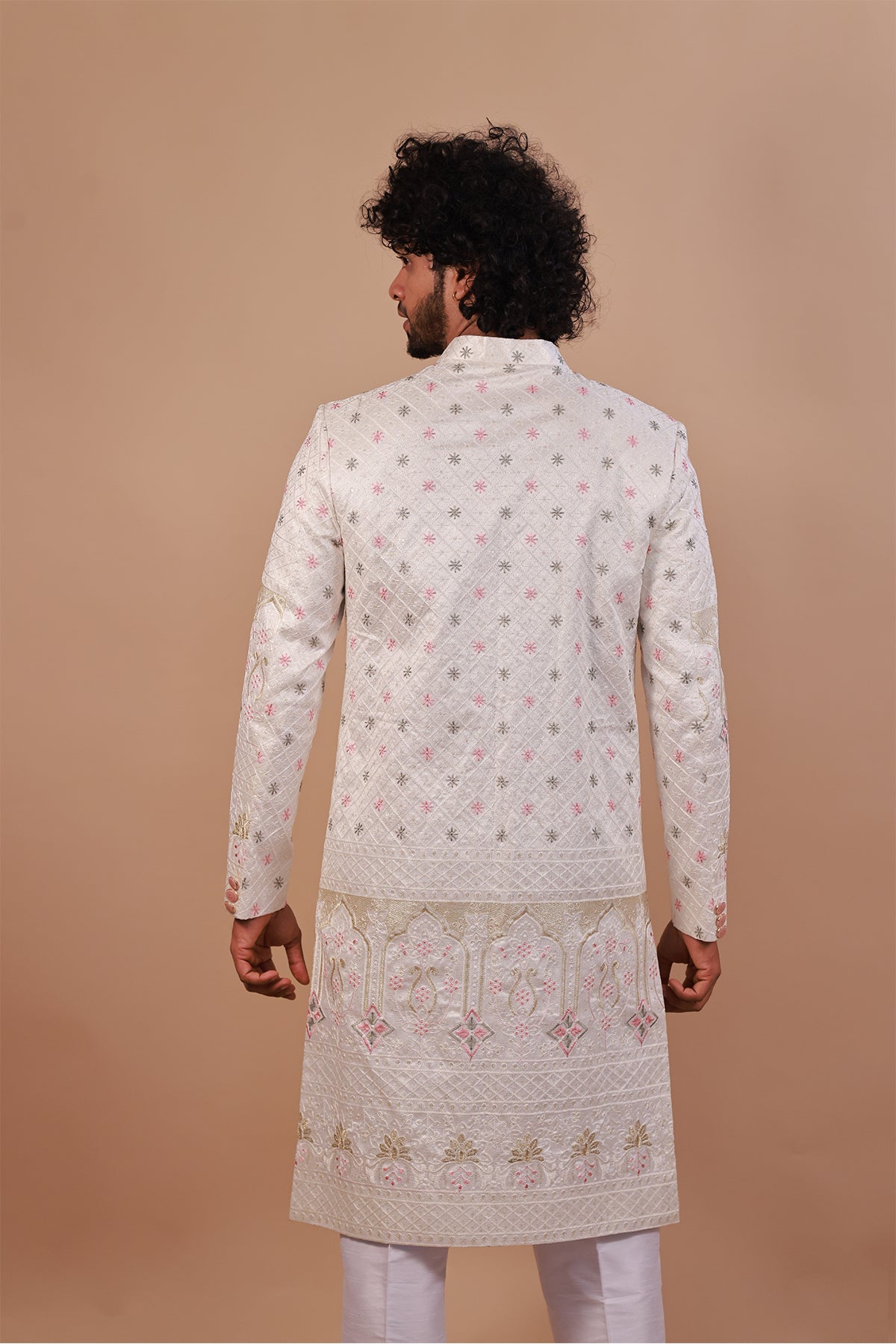 Traditional White Sherwani with Exquisite Thread Embroidery for Groom