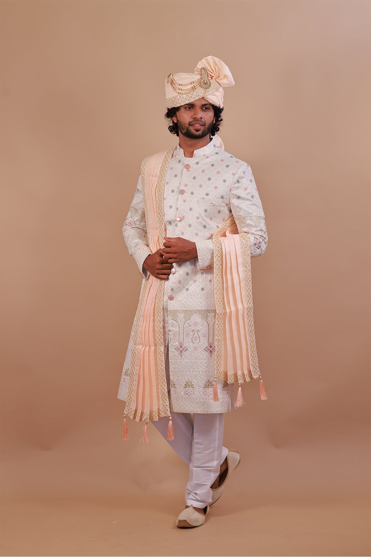 Traditional White Sherwani with Exquisite Thread Embroidery for Groom