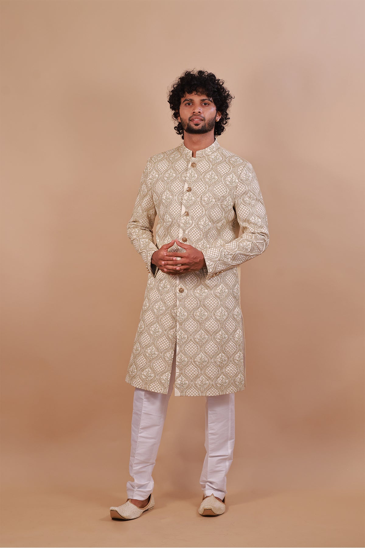 Men's Cream Sherwani - Green & Gold Embroidery for Weddings & Celebrations