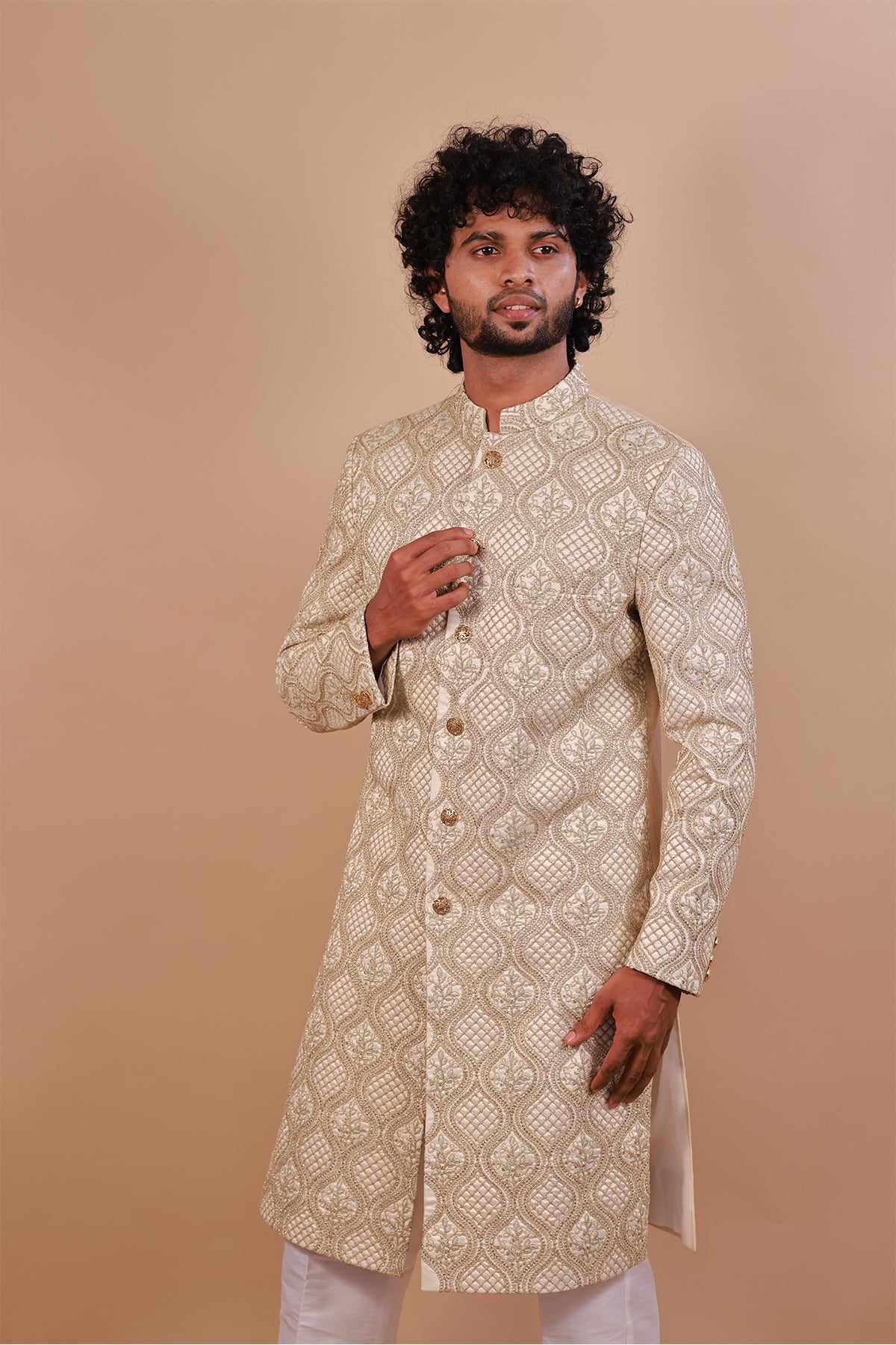 Men's Cream Sherwani - Green & Gold Embroidery for Weddings & Celebrations