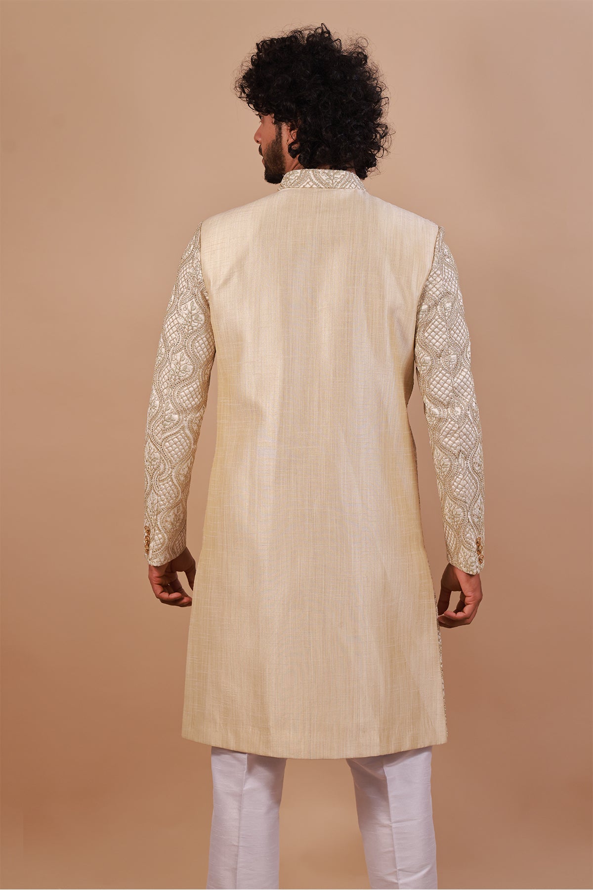 Men's Cream Sherwani - Green & Gold Embroidery for Weddings & Celebrations