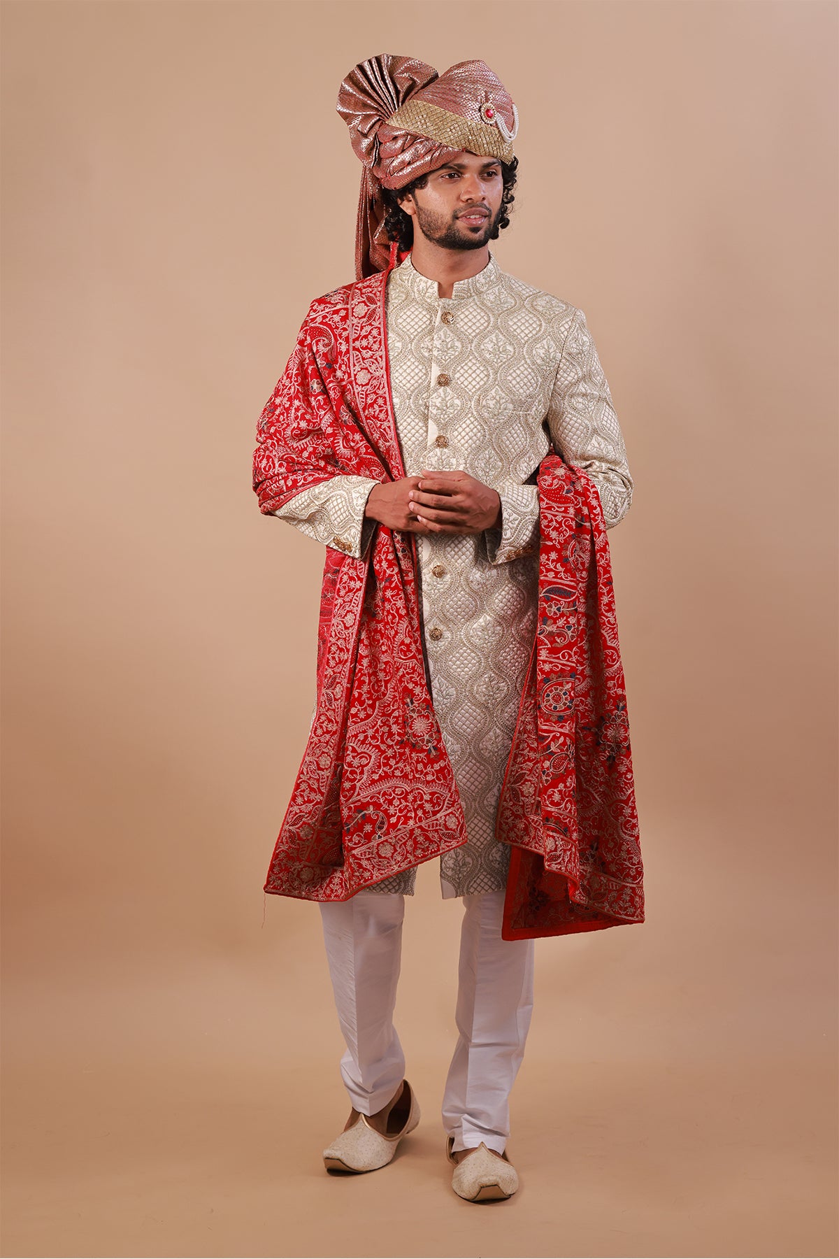Men's Cream Sherwani - Green & Gold Embroidery for Weddings & Celebrations