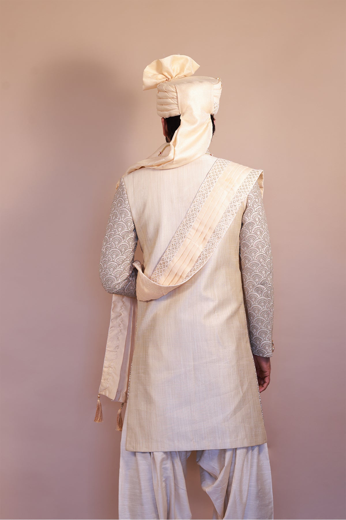Cream Sherwani with Intricate Pink & Gold Embroidery for Grooms