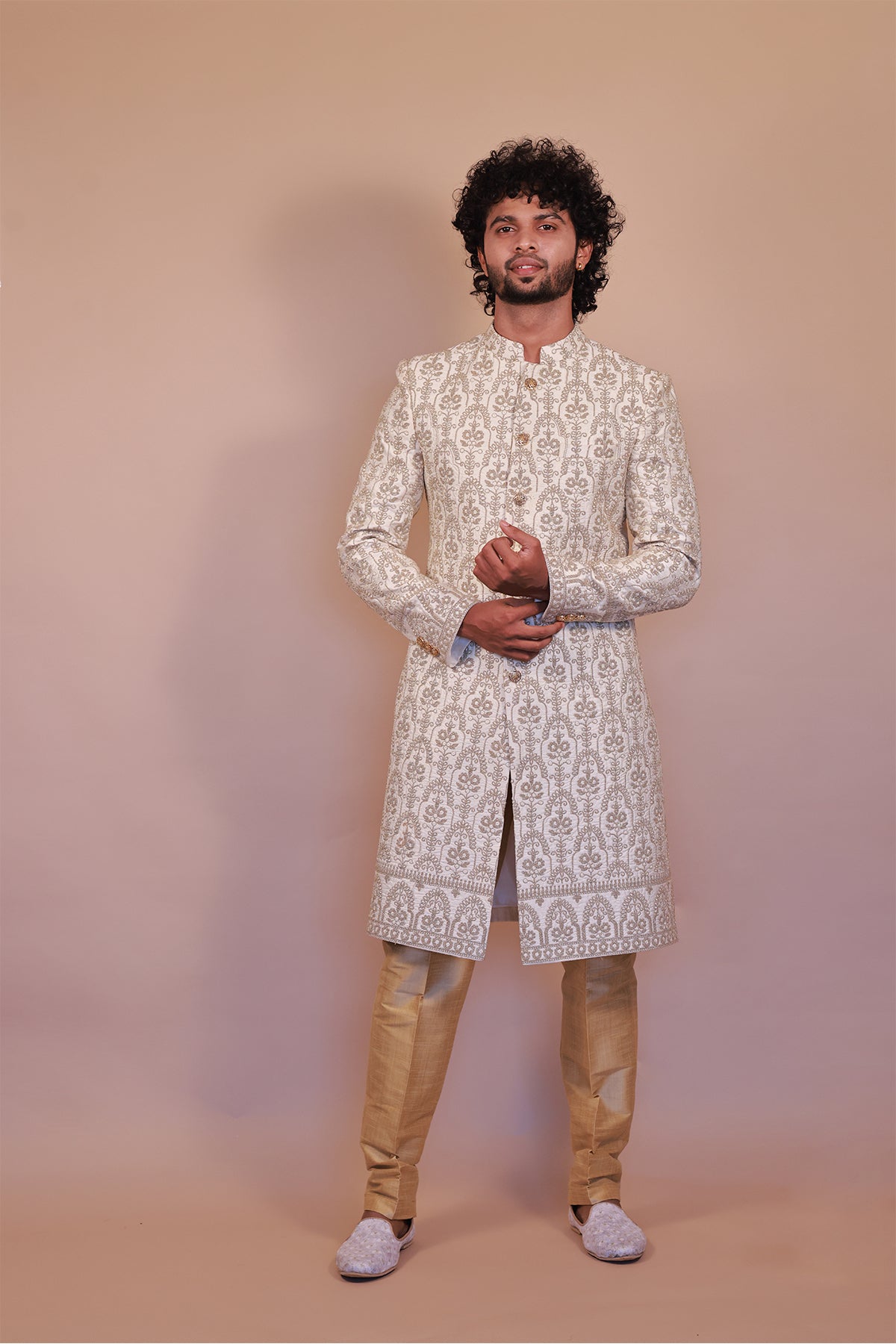 Traditional Cream Sherwani with Stunning Green & Gold Embroidery