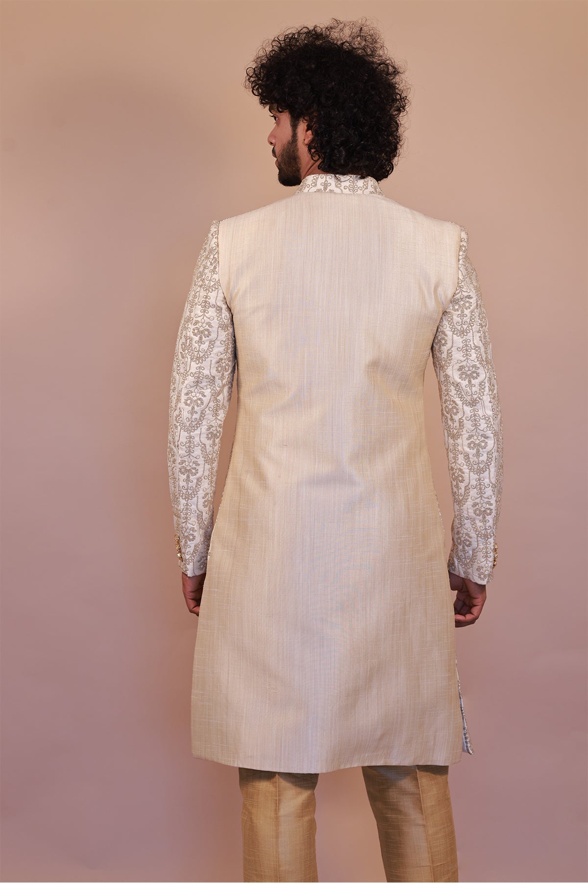 Traditional Cream Sherwani with Stunning Green & Gold Embroidery