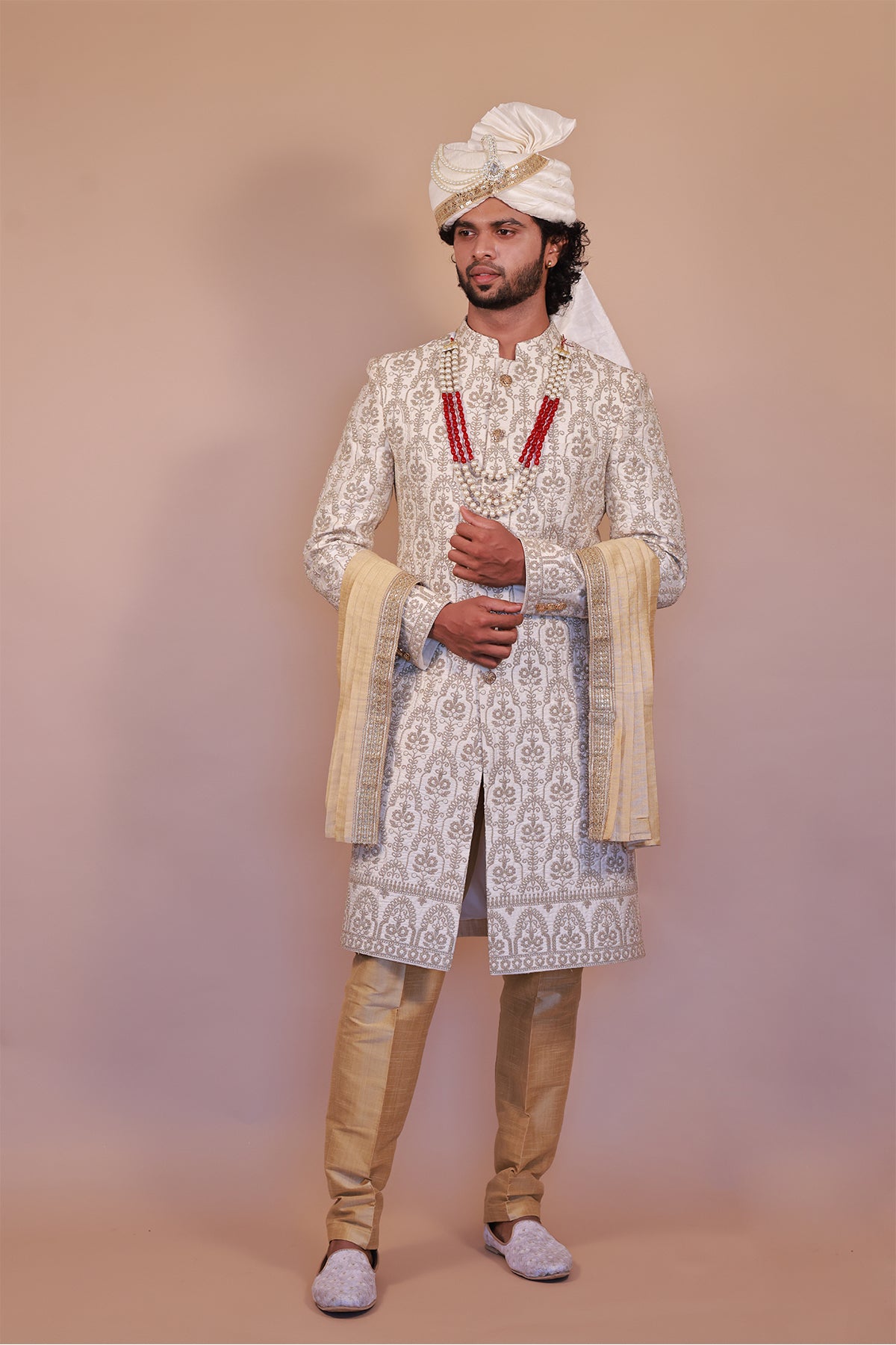 Traditional Cream Sherwani with Stunning Green & Gold Embroidery