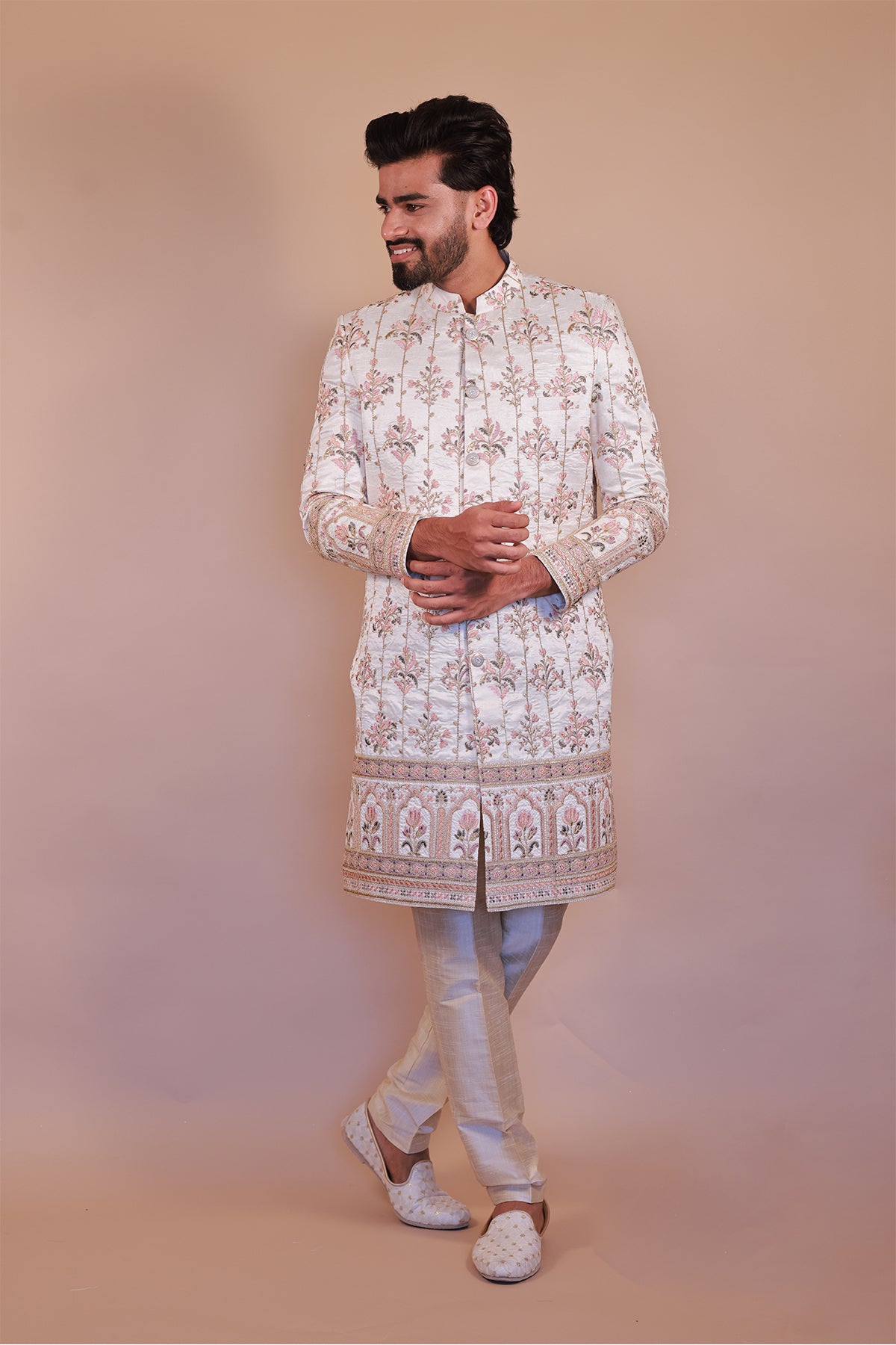 Stylish White Sherwani for Grooms with Artistic Multi-Color Embroidery