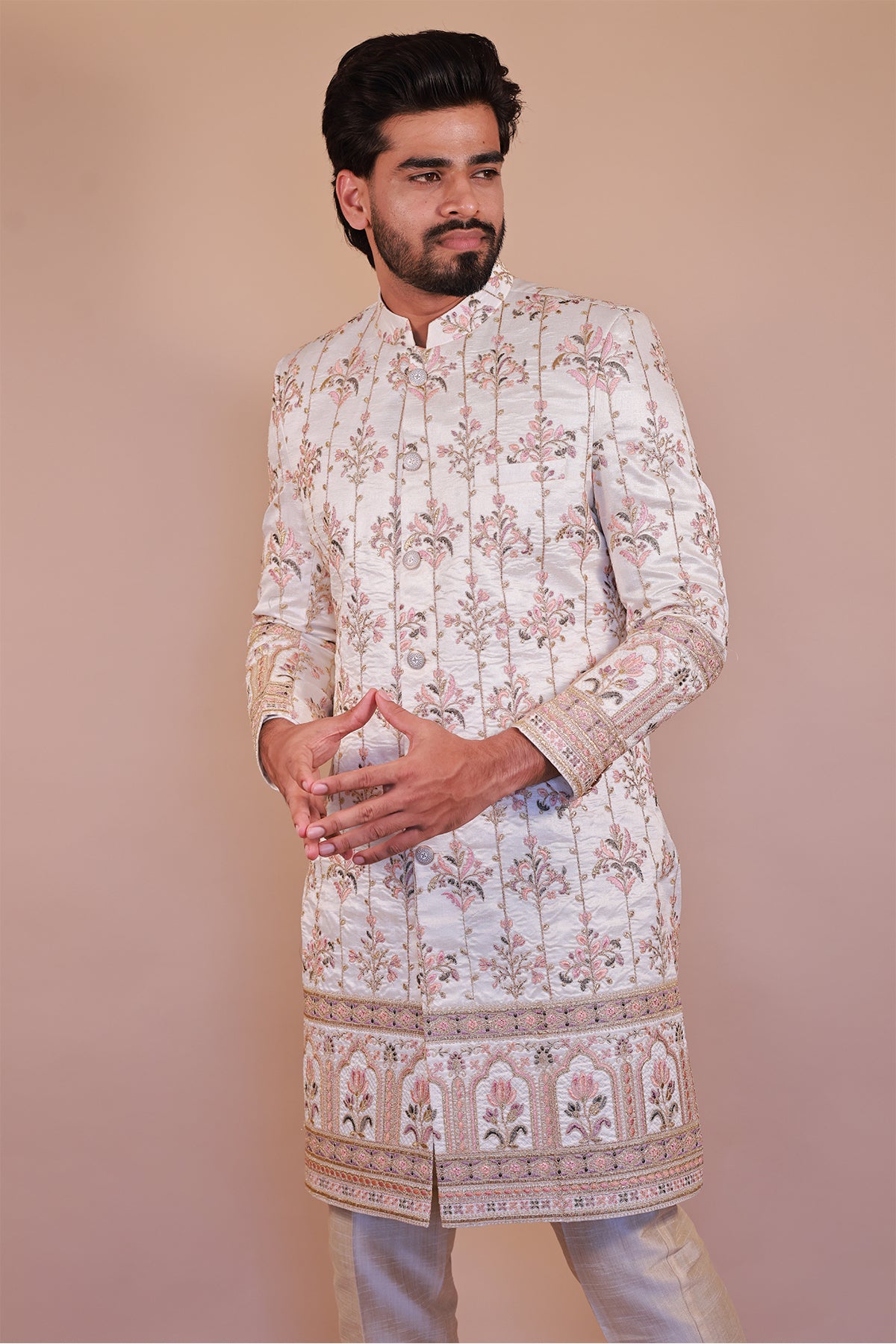 Stylish White Sherwani for Grooms with Artistic Multi-Color Embroidery
