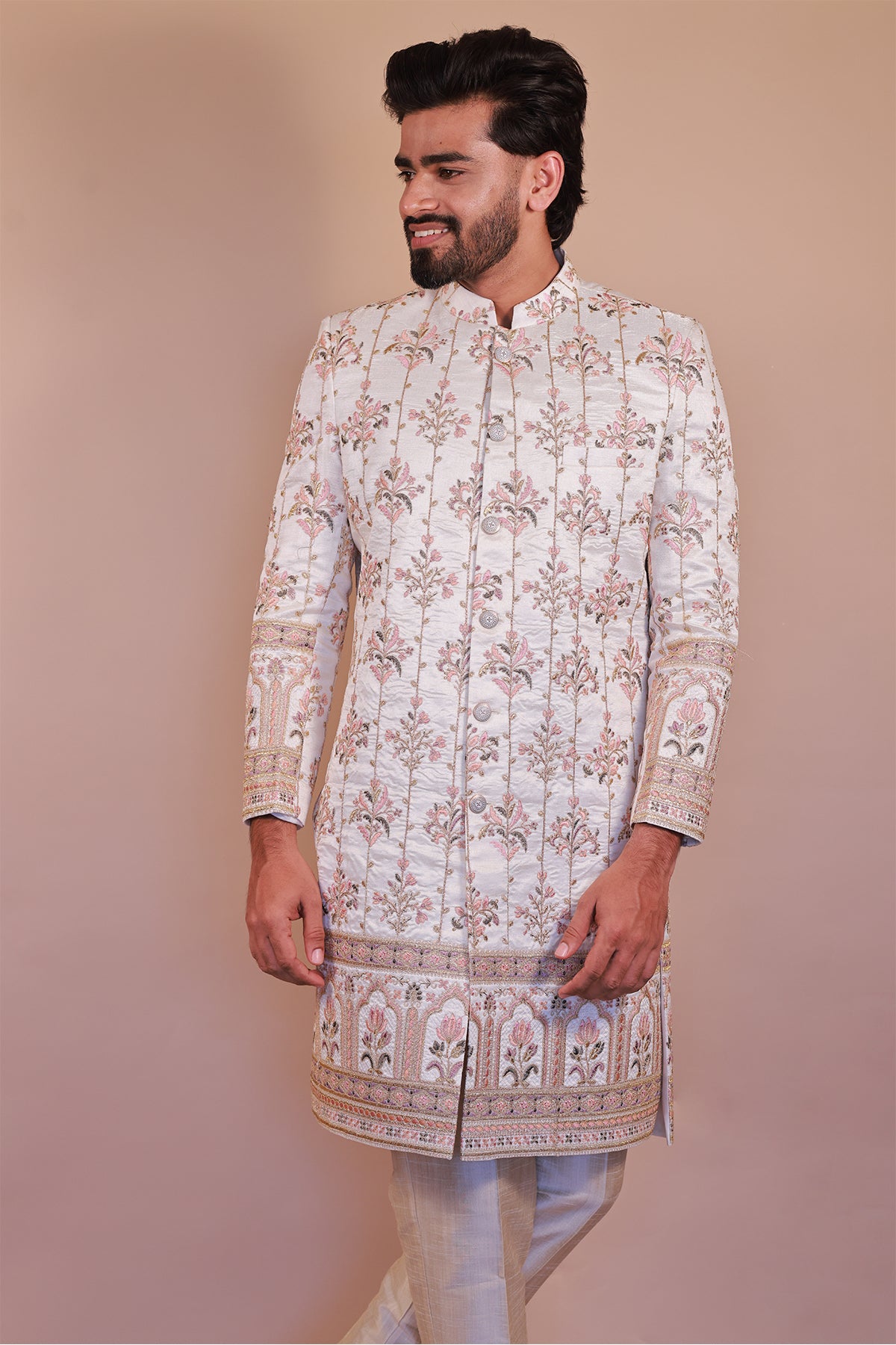 Stylish White Sherwani for Grooms with Artistic Multi-Color Embroidery