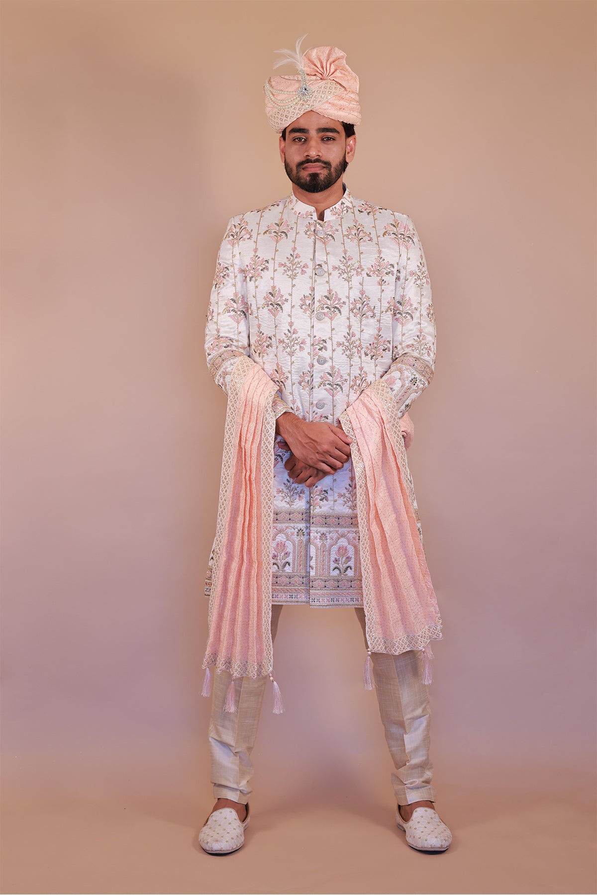 Stylish White Sherwani for Grooms with Artistic Multi-Color Embroidery