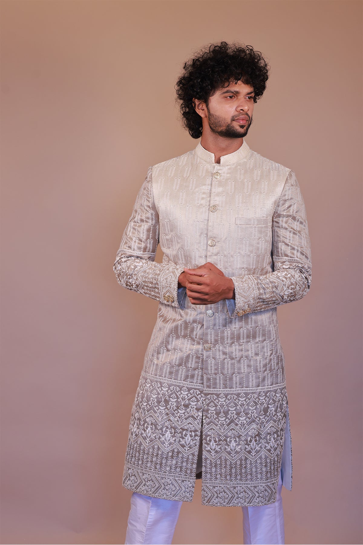 Cream-Grey Sherwani with White Thread Embroidery for Grooms