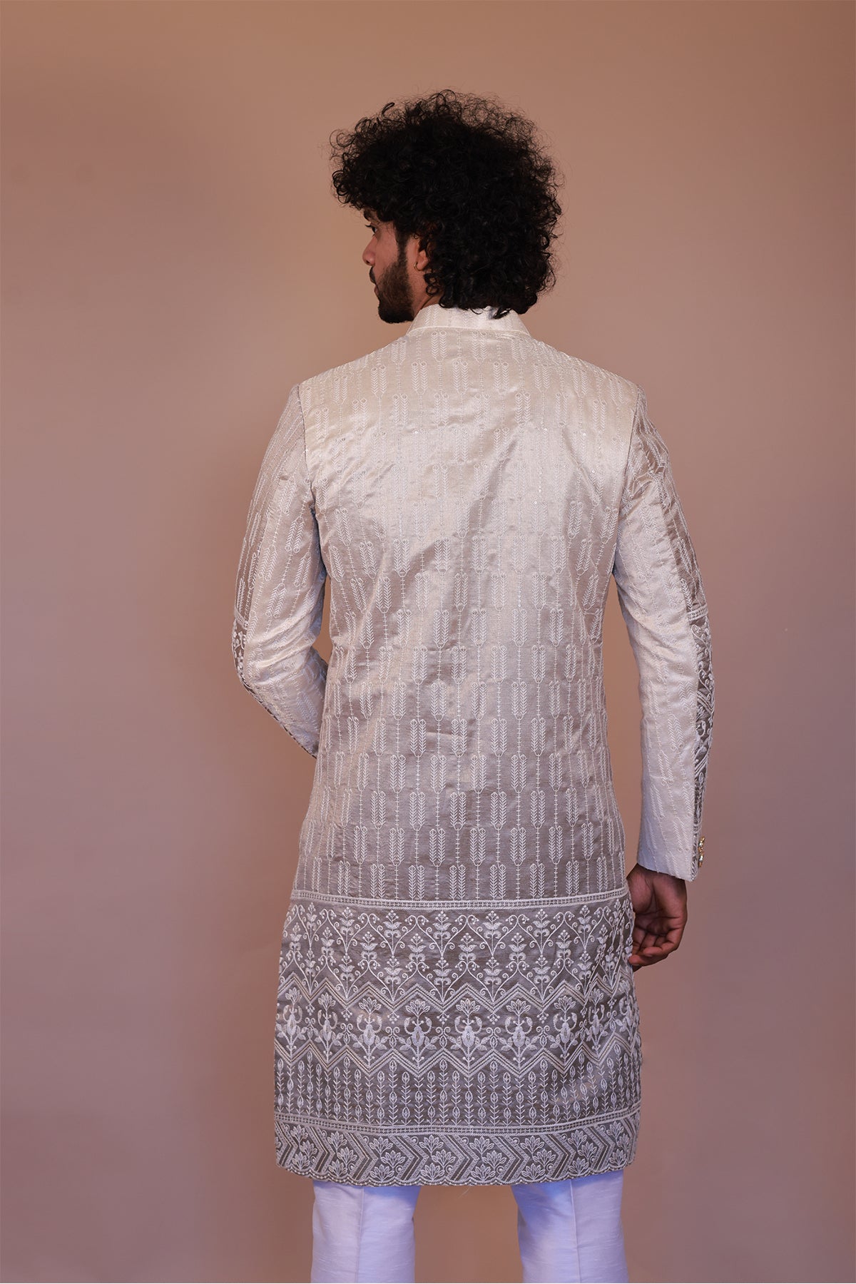 Cream-Grey Sherwani with White Thread Embroidery for Grooms