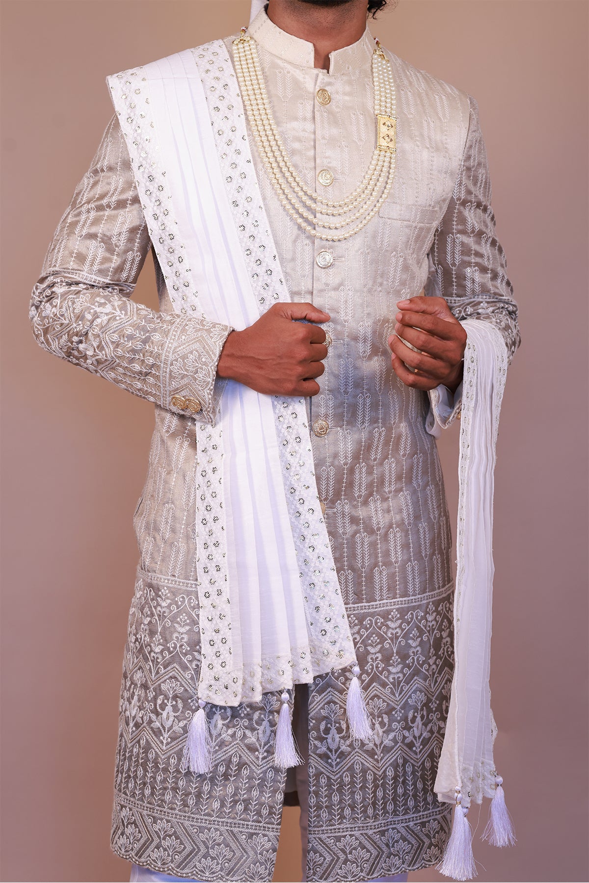 Cream-Grey Sherwani with White Thread Embroidery for Grooms