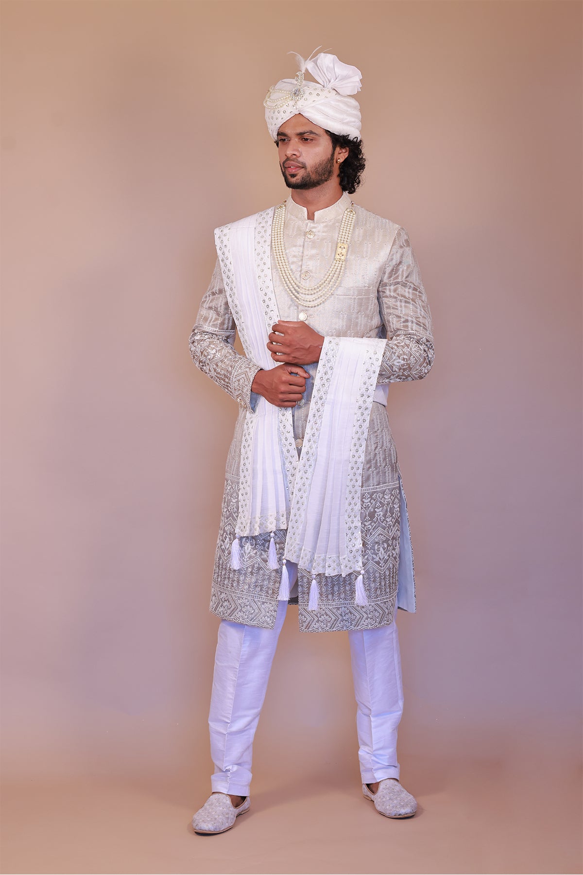 Cream-Grey Sherwani with White Thread Embroidery for Grooms