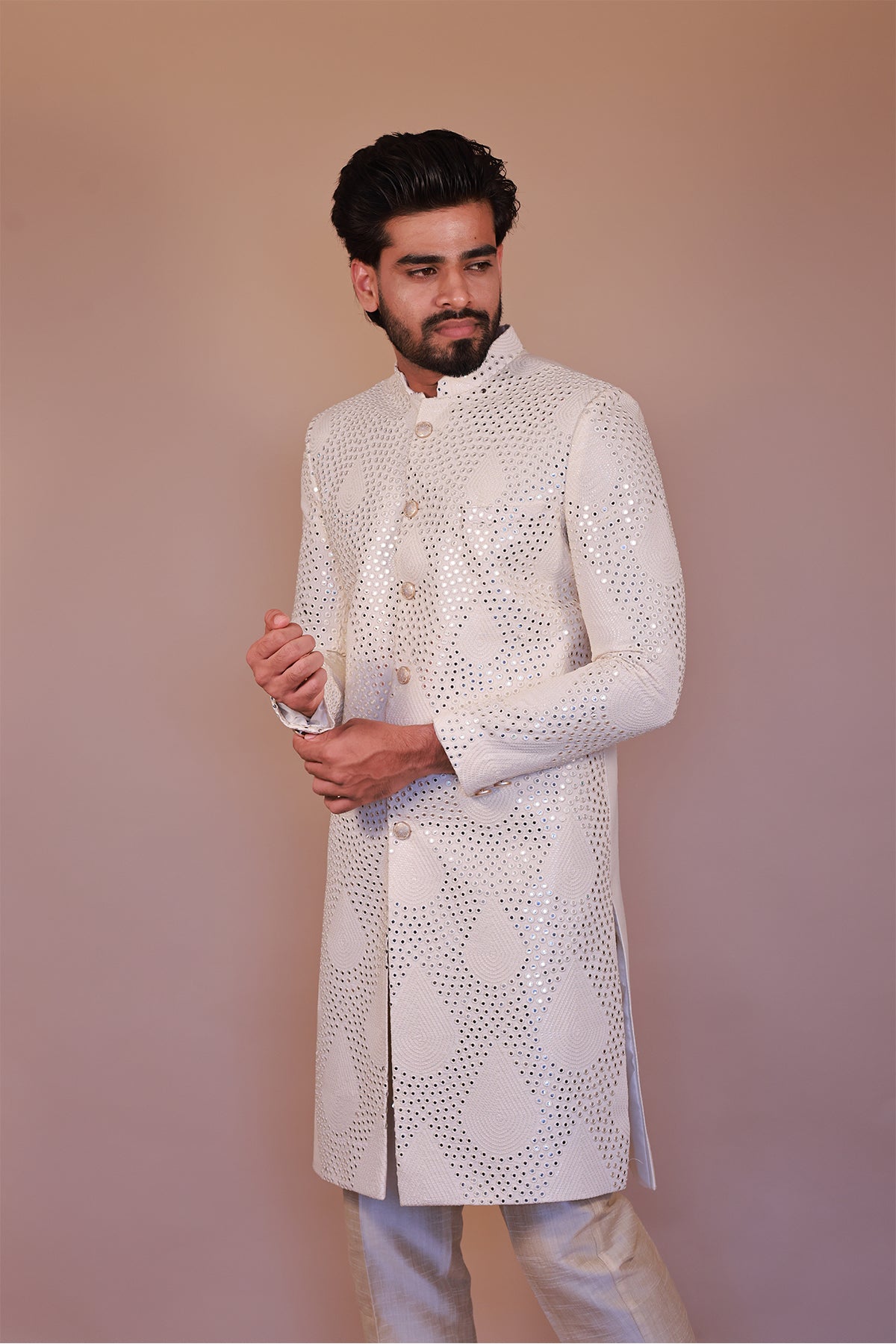 Royal Cream Sherwani for Grooms – Intricate Embroidery