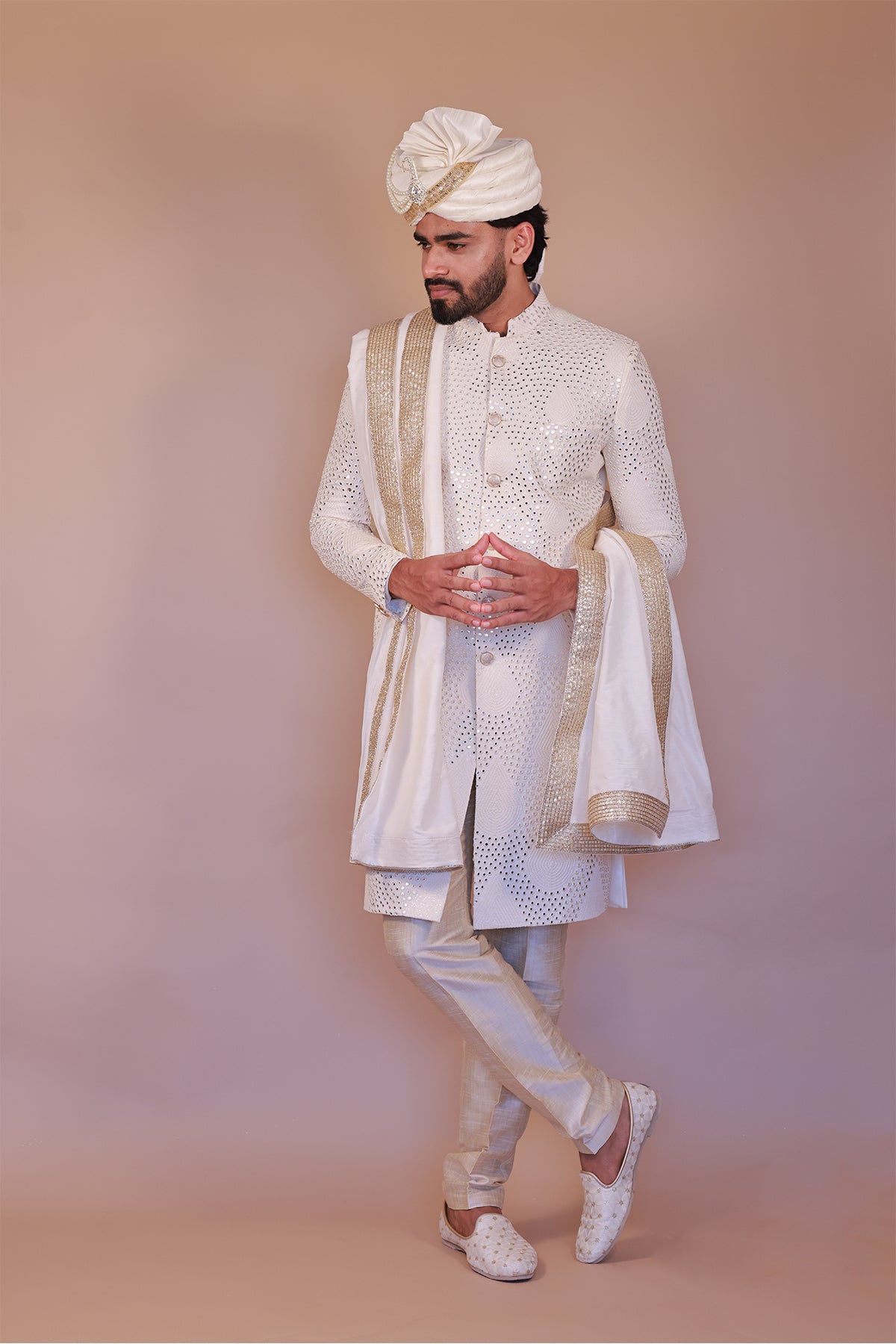 Royal Cream Sherwani for Grooms – Intricate Embroidery