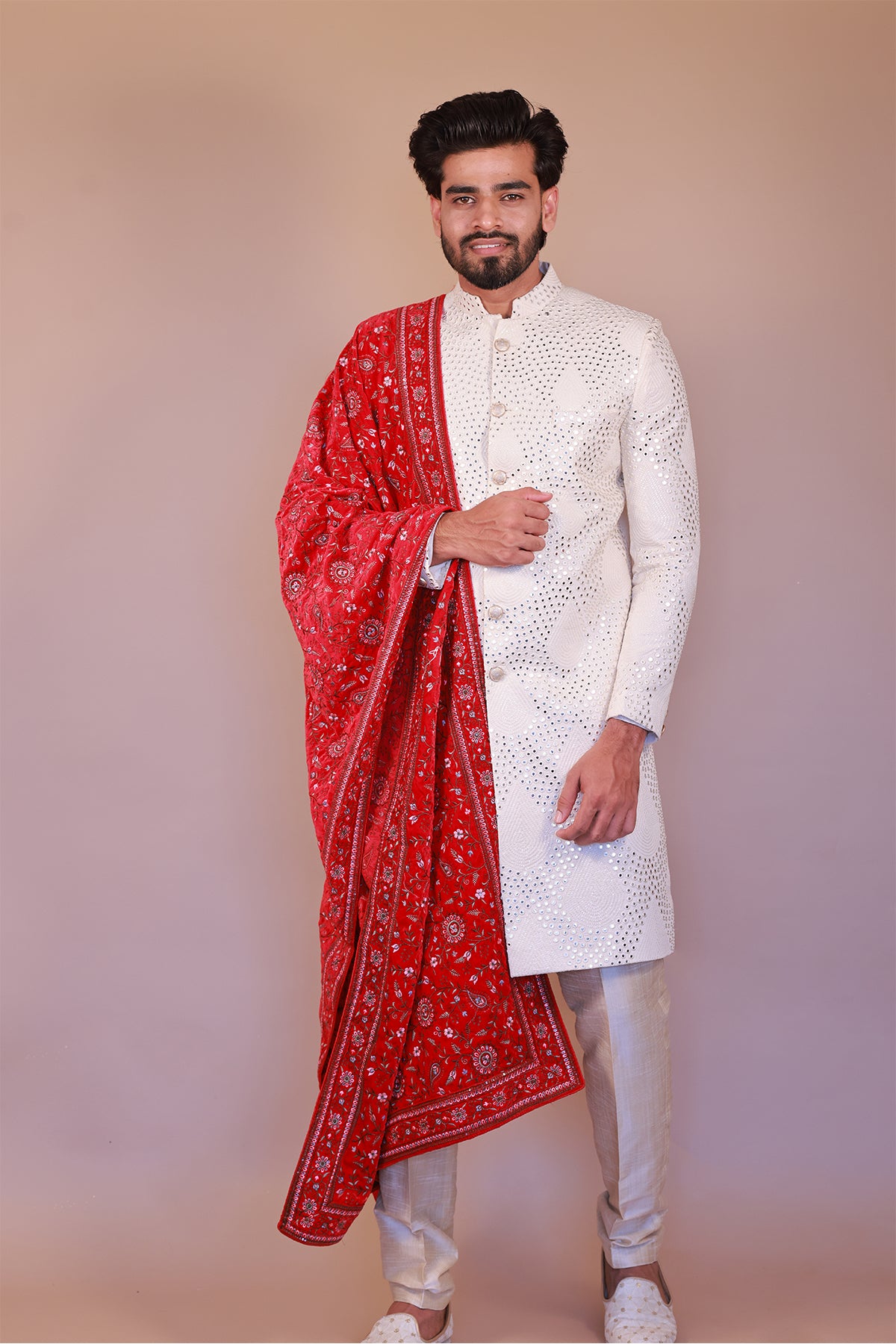 Designer Men’s Red Velvet Dupatta with Floral Multi-Color Thread Work