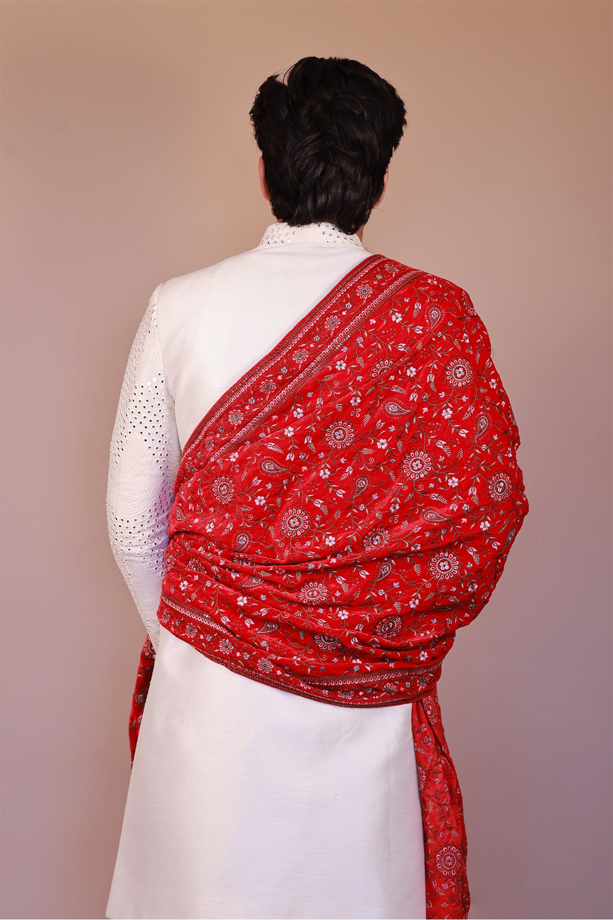 Designer Men’s Red Velvet Dupatta with Floral Multi-Color Thread Work