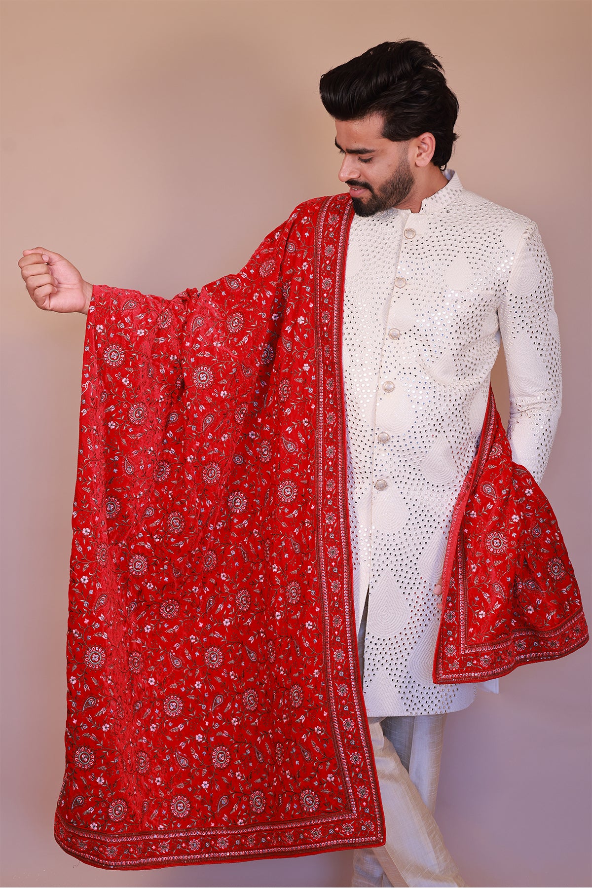 Designer Men’s Red Velvet Dupatta with Floral Multi-Color Thread Work