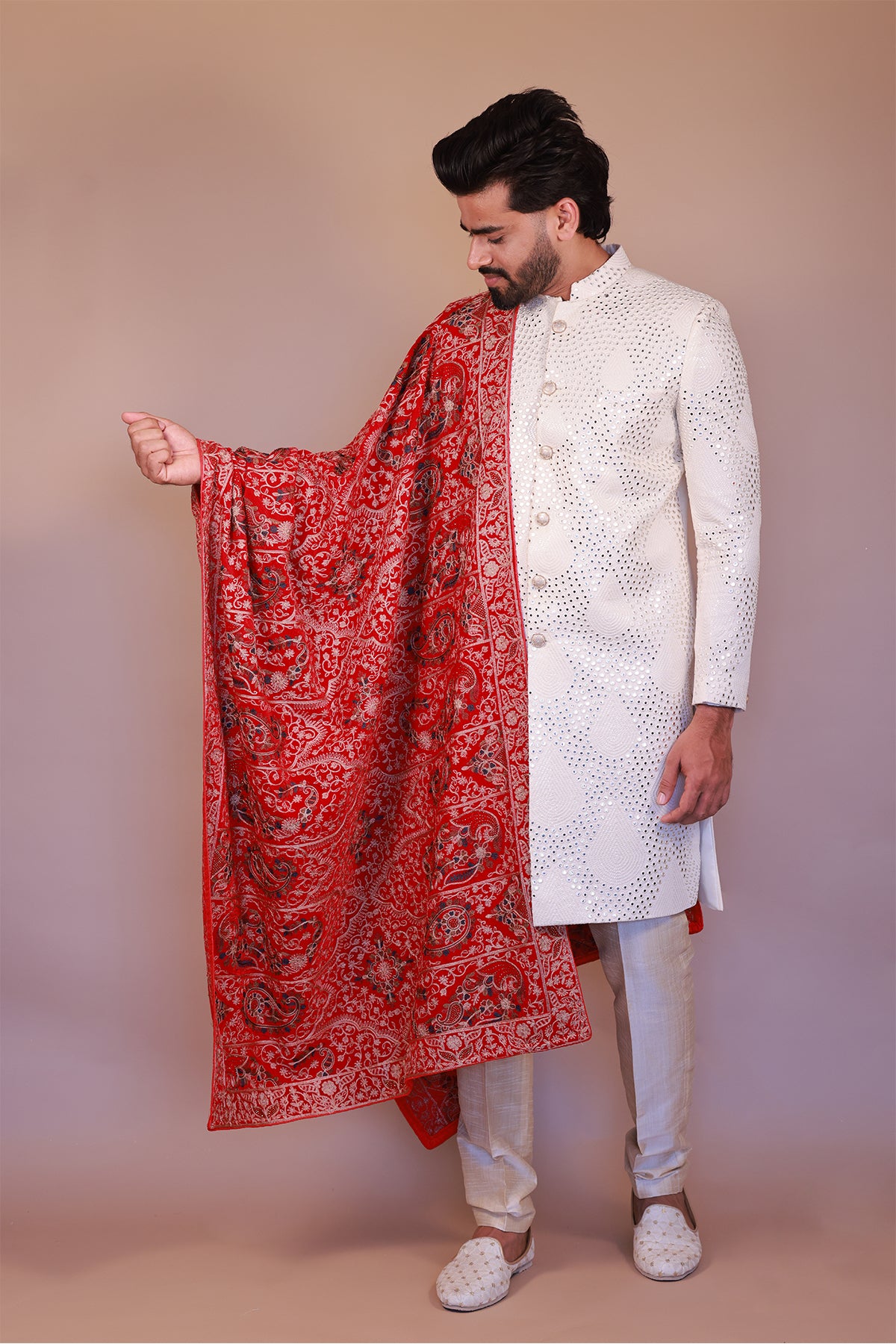 Men’s Velvet Dupatta with Floral Embroidery in Multi-Colors