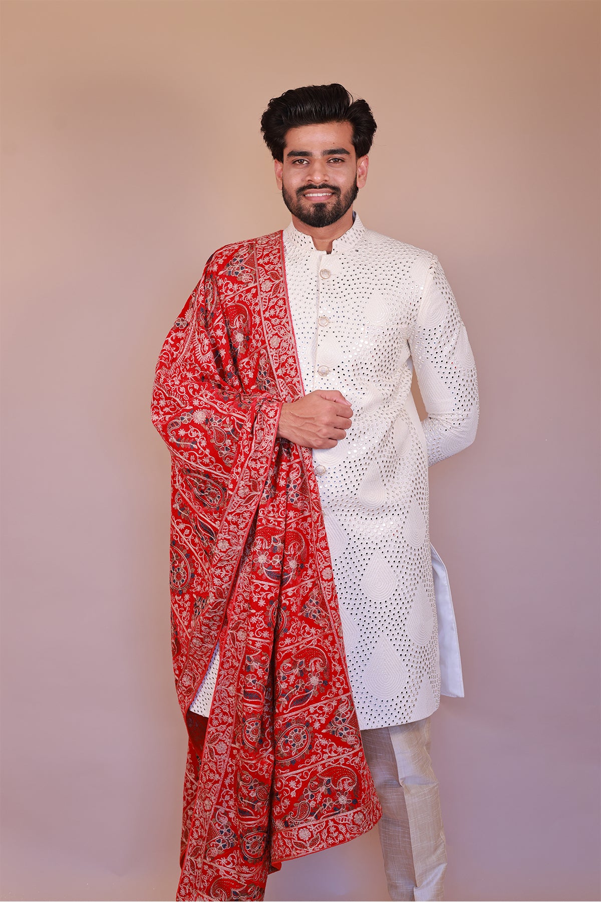 Men’s Velvet Dupatta with Floral Embroidery in Multi-Colors