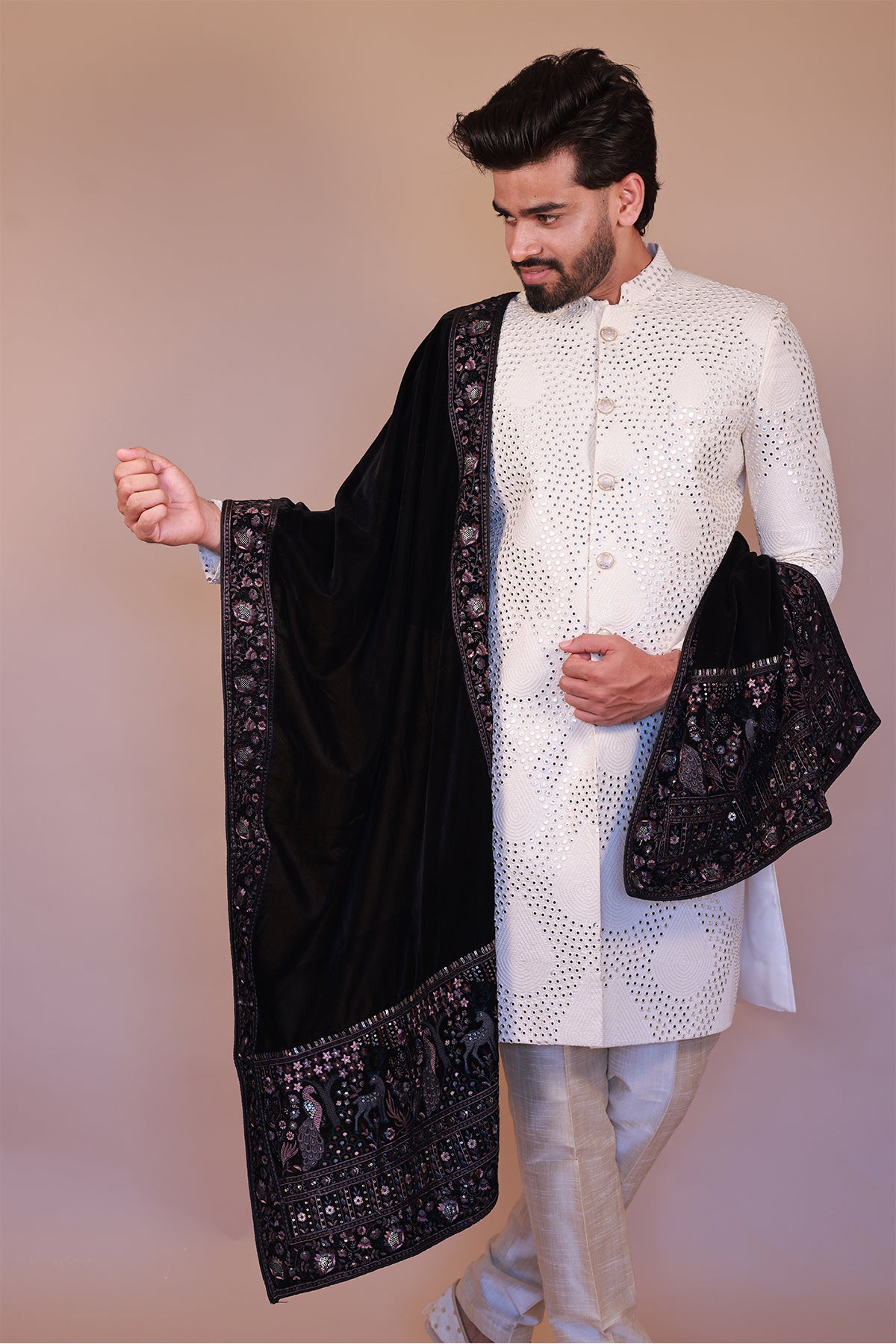 Black Velvet Dupatta with Stylish Purple Embroidery for Men