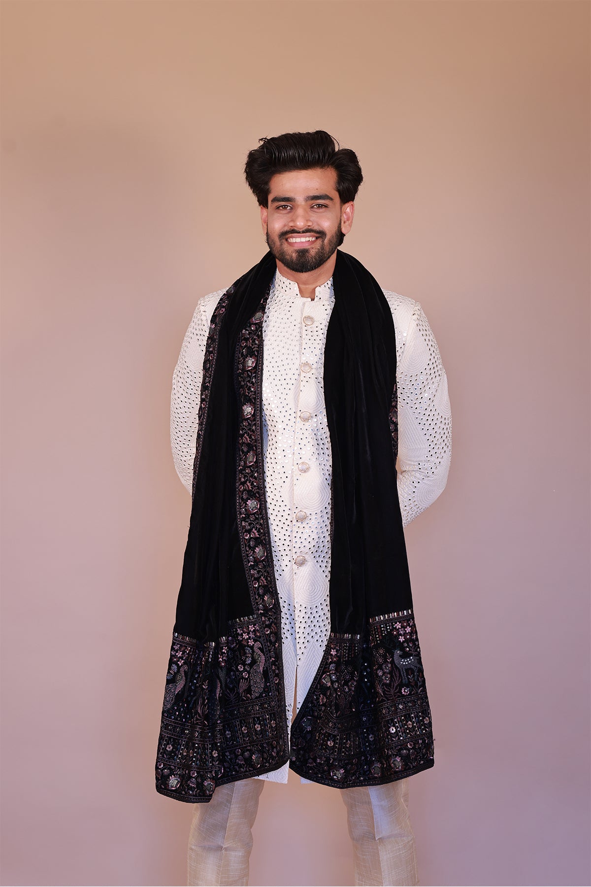 Black Velvet Dupatta with Stylish Purple Embroidery for Men