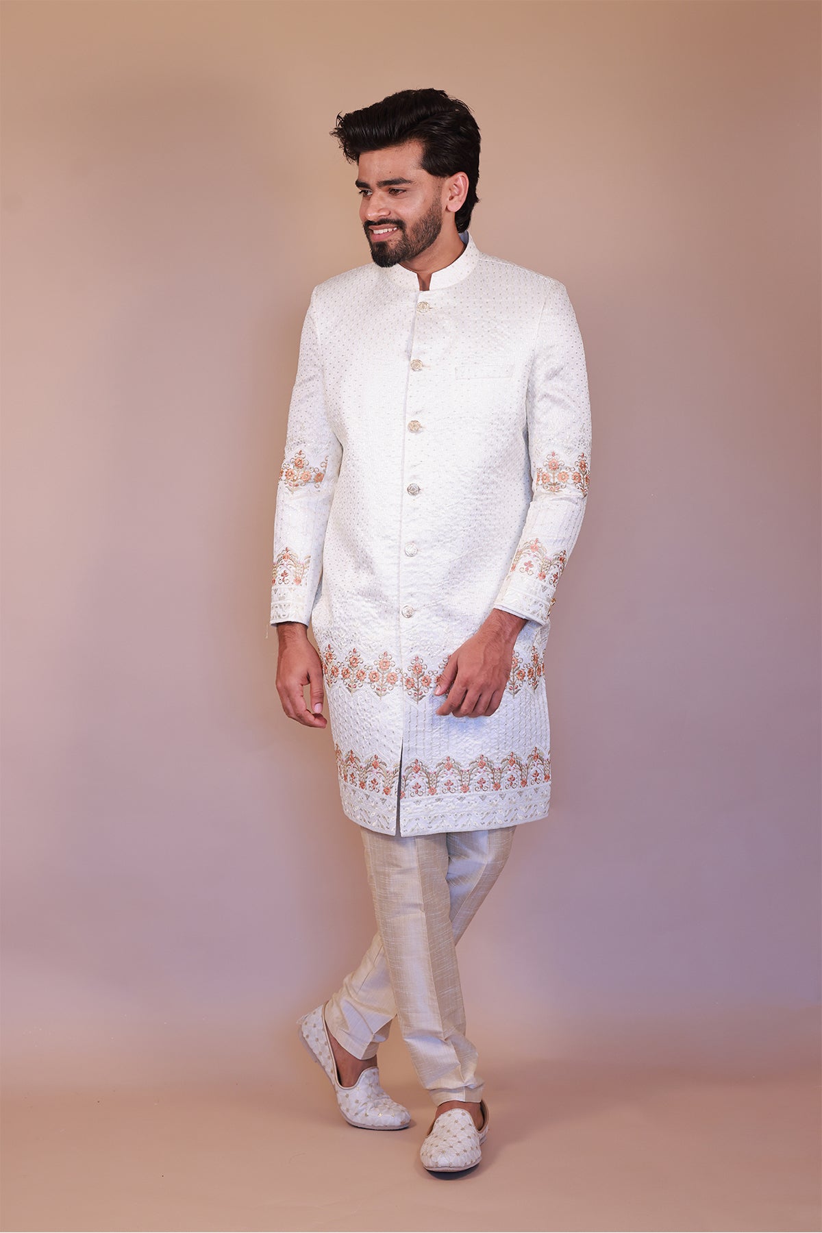 Cream Sherwani with Orange Floral Embroidery - Perfect for Grooms