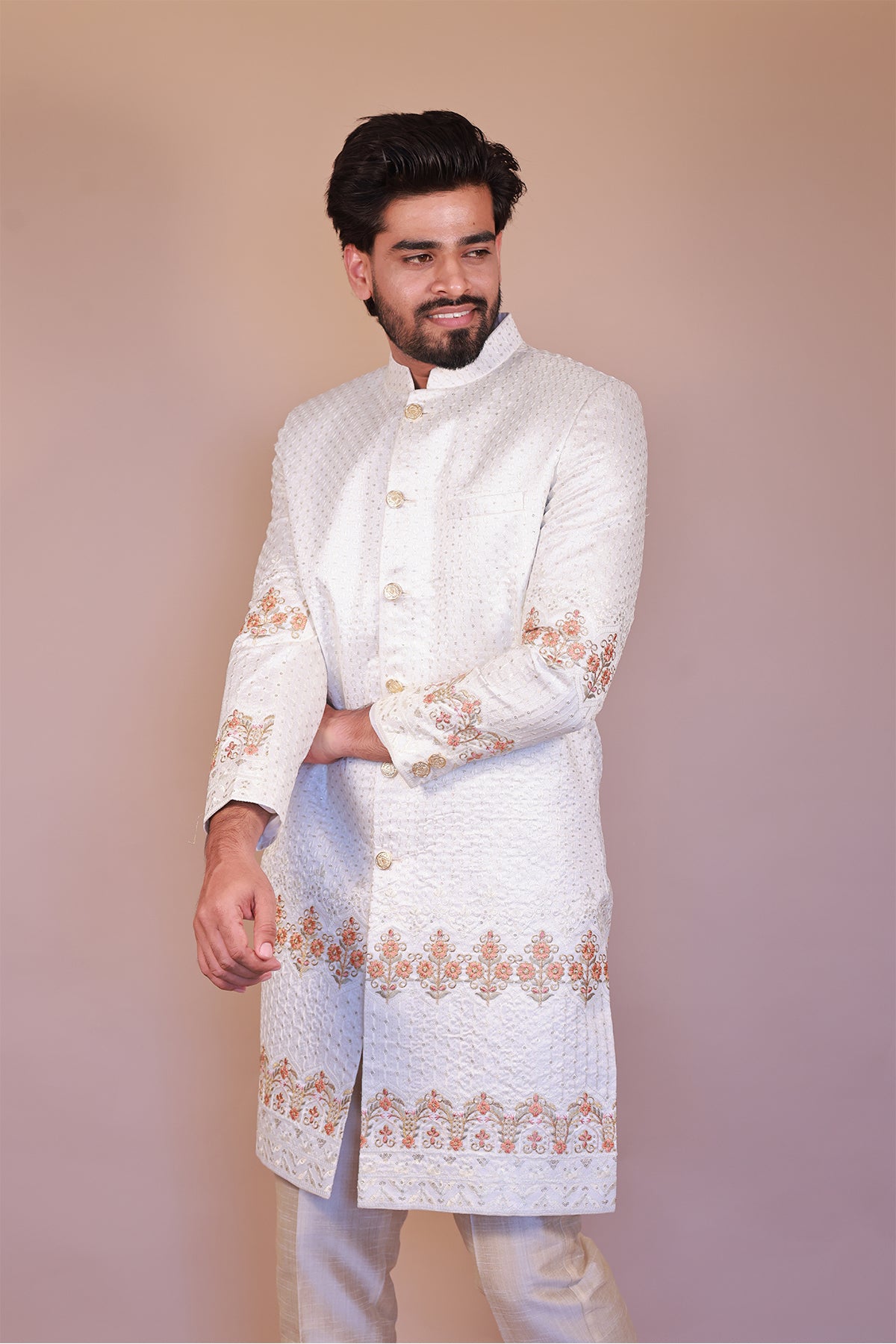 Cream Sherwani with Orange Floral Embroidery - Perfect for Grooms