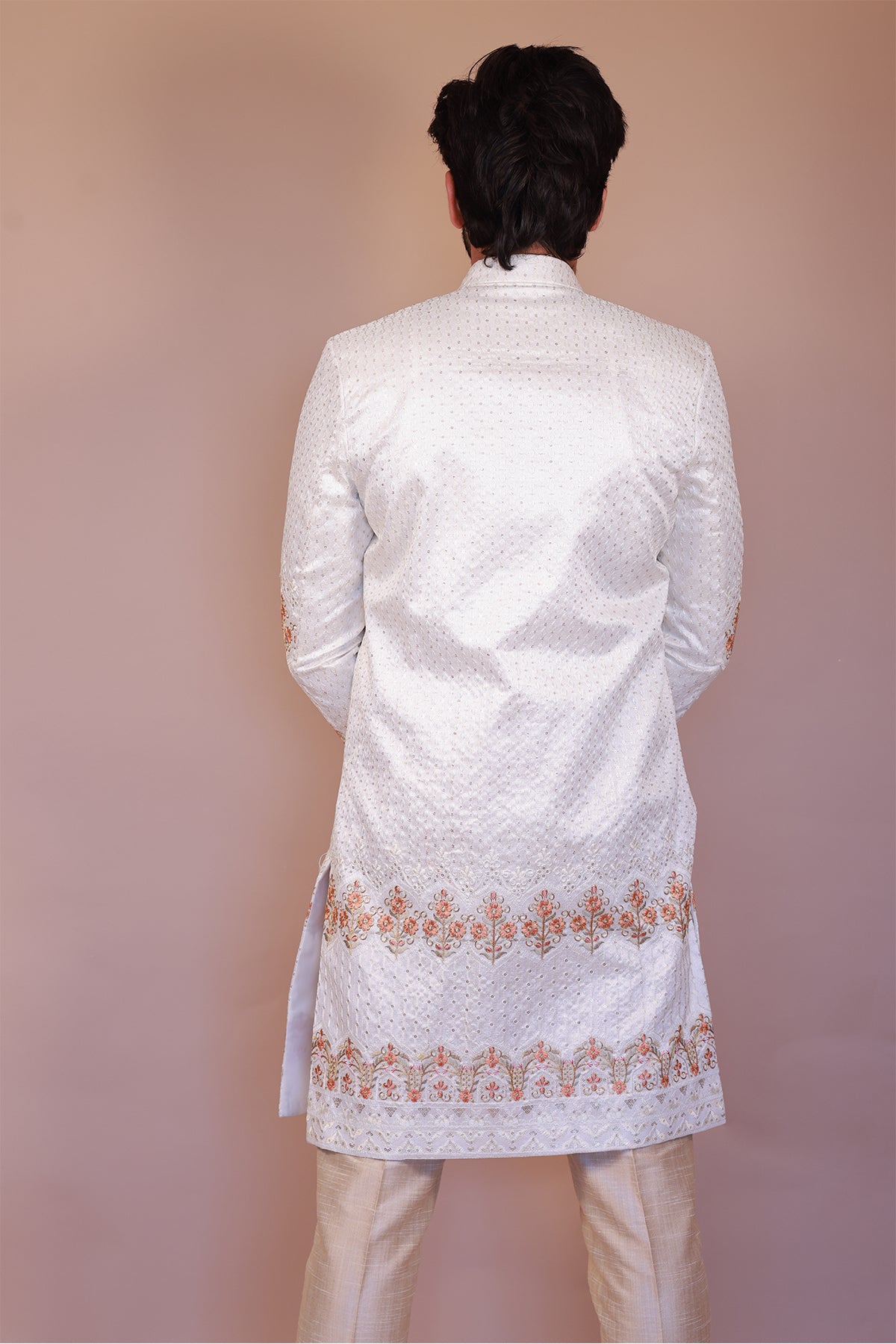 Cream Sherwani with Orange Floral Embroidery - Perfect for Grooms